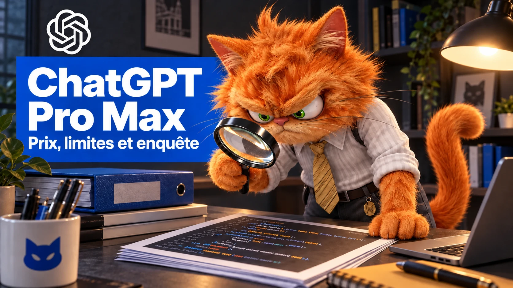 La mascotte chat ToolsBoxSEO examine les prix et limites de ChatGPT Pro Max à la loupe, dans un bureau sombre avec la rosace OpenAI.