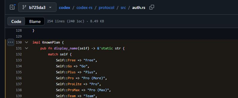 Capture du fichier auth.rs sur GitHub : la ligne 138 associe ProMax au libellé Pro (Max), dans la version b725da3 du dépôt OpenAI Codex.