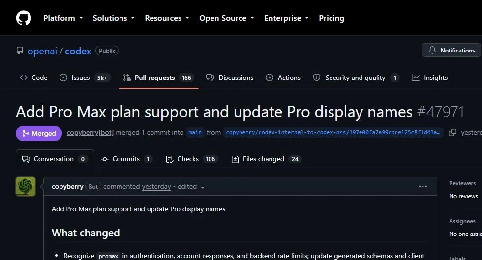Modification officielle du dépôt OpenAI Codex ajoutant Pro Max, intégrée le 25 septembre 2026.