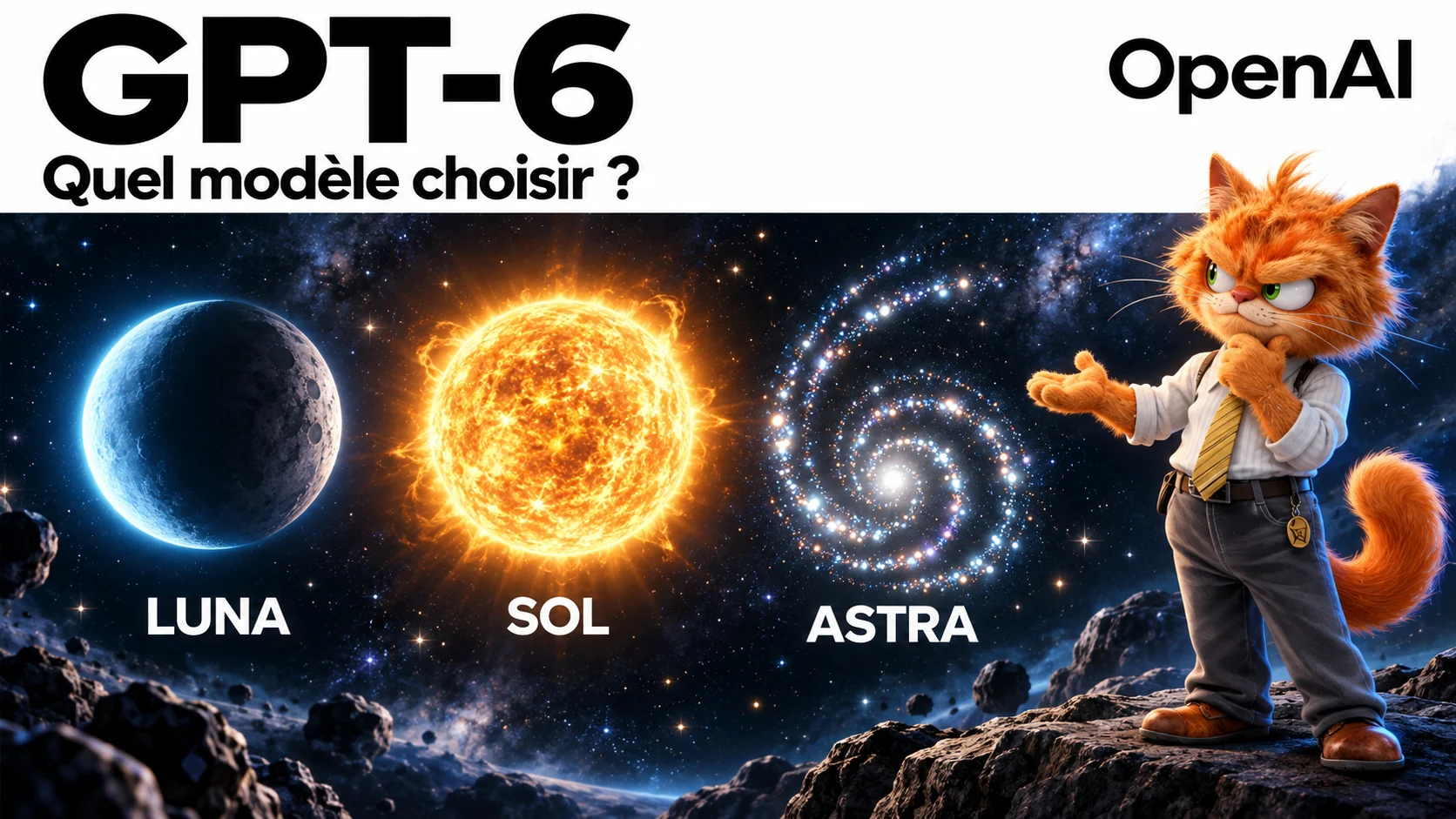 GPT-6 Luna, Sol et Astra représentés par la Lune, le Soleil et une spirale d’étoiles, avec la mascotte chat ToolsBoxSEO et le logo OpenAI.