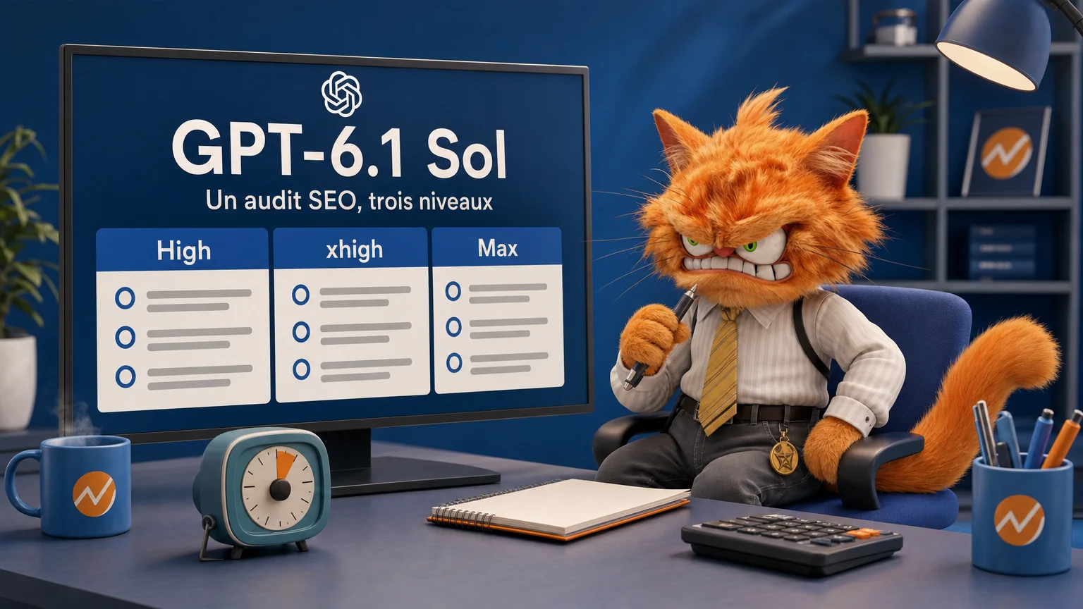 Le chat ToolsBoxSEO compare les réglages High, xhigh et Max de GPT-6.1 Sol sur un même audit SEO, avec la rosace OpenAI, un minuteur et une calculatrice.