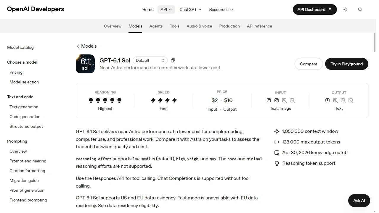 Fiche publique OpenAI de GPT-6.1 Sol : niveaux de réflexion compatibles, contexte, date de connaissances et restrictions sur les outils et la résidence UE.