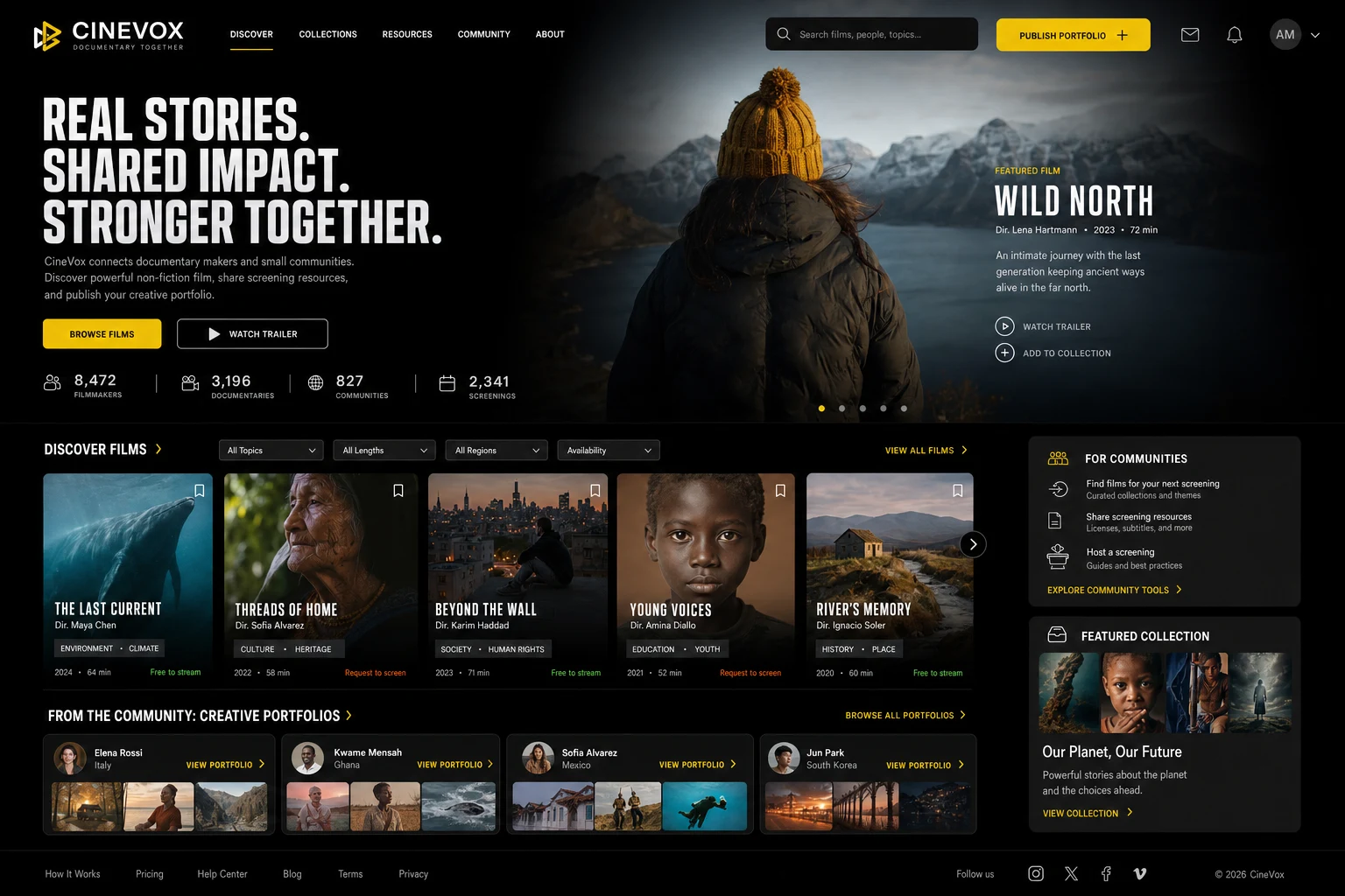 Interface CineVox générée avec Image 2 à partir de trois références : identité jaune et noire, filtres de films, portfolios et collections.