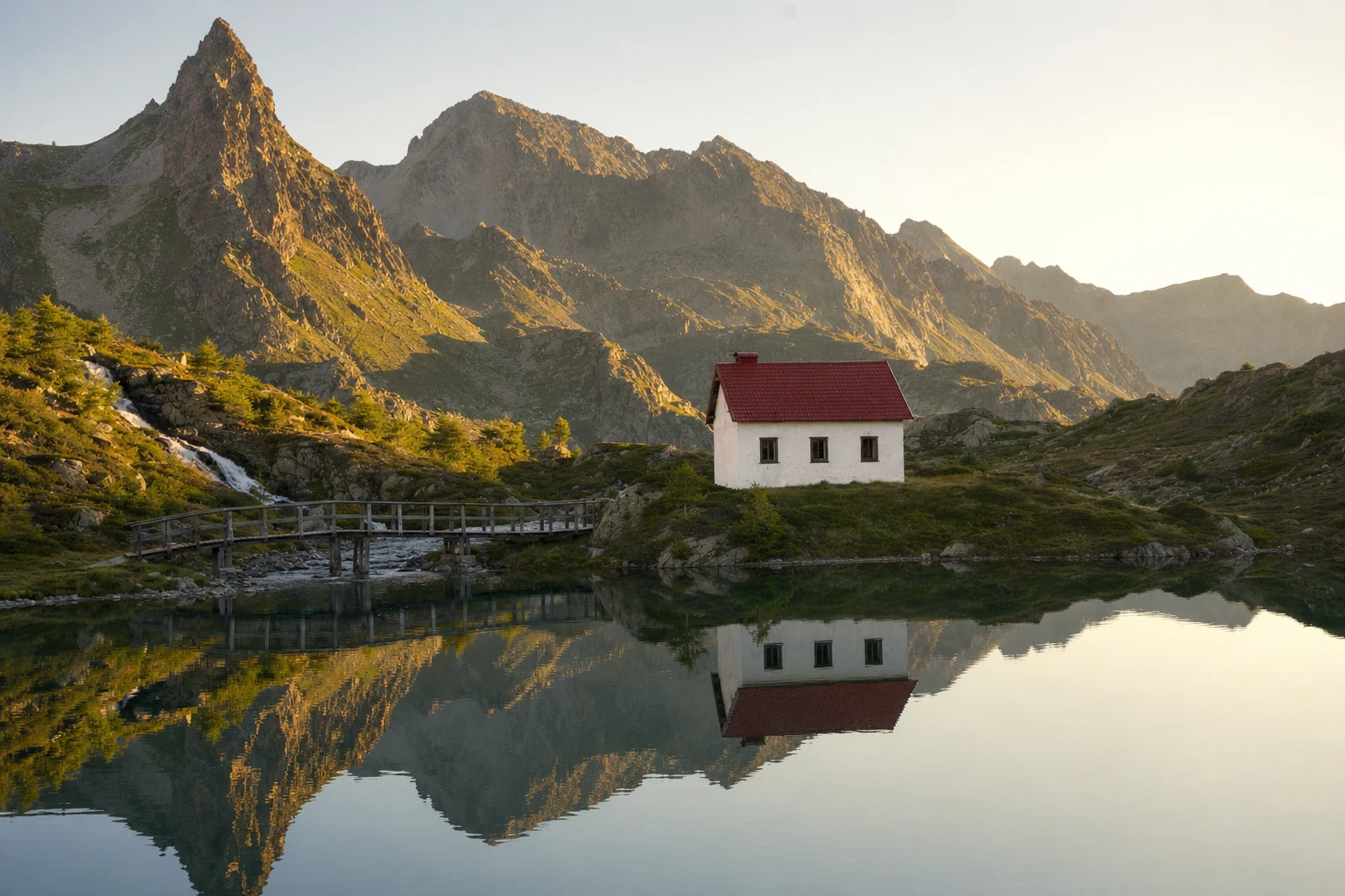 Lac alpin, chalet et pont générés par Image 2.