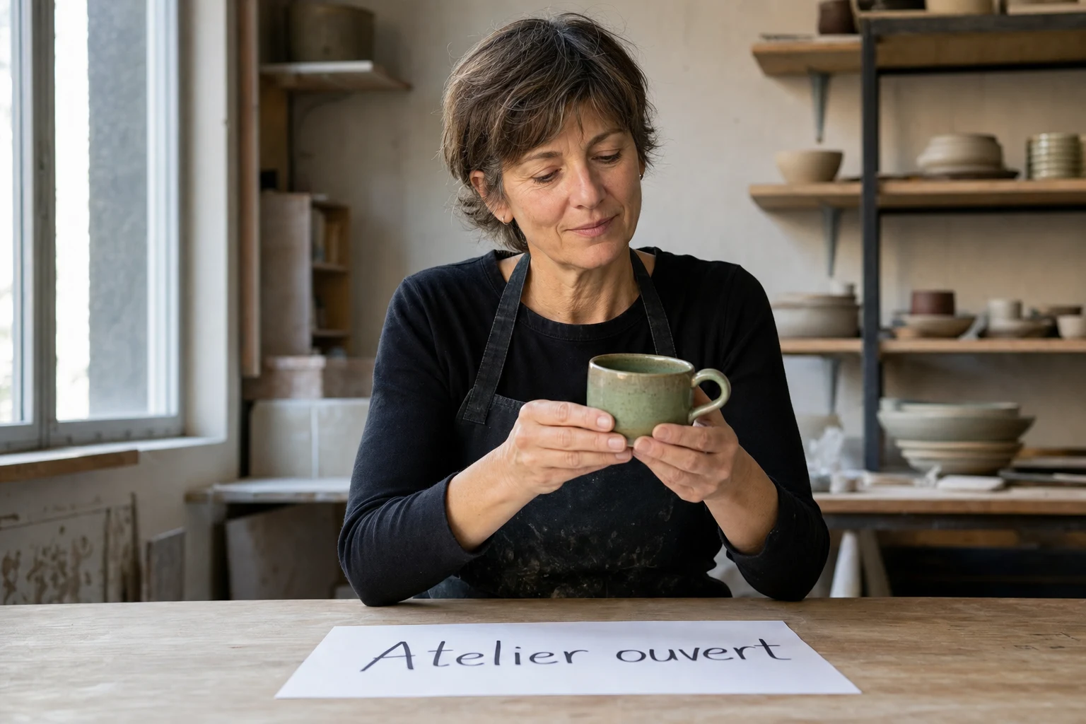 Portrait généré avec Image 2 : céramiste tenant une tasse verte dans son atelier.