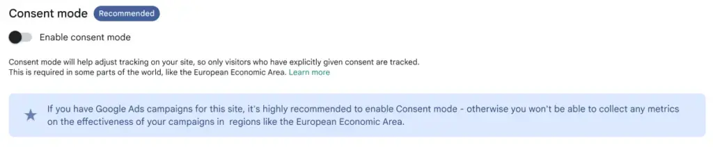 Réglage Site Kit permettant d'activer Consent Mode dans WordPress.