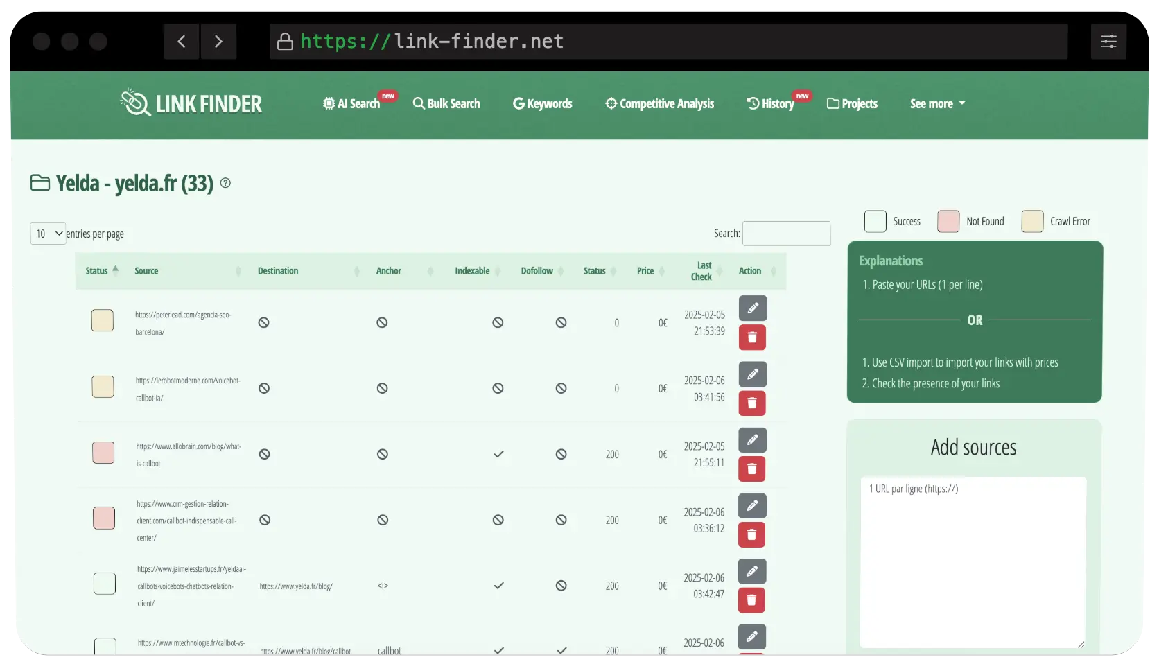 Interface Link Finder pour surveiller les backlinks et détecter les liens perdus.