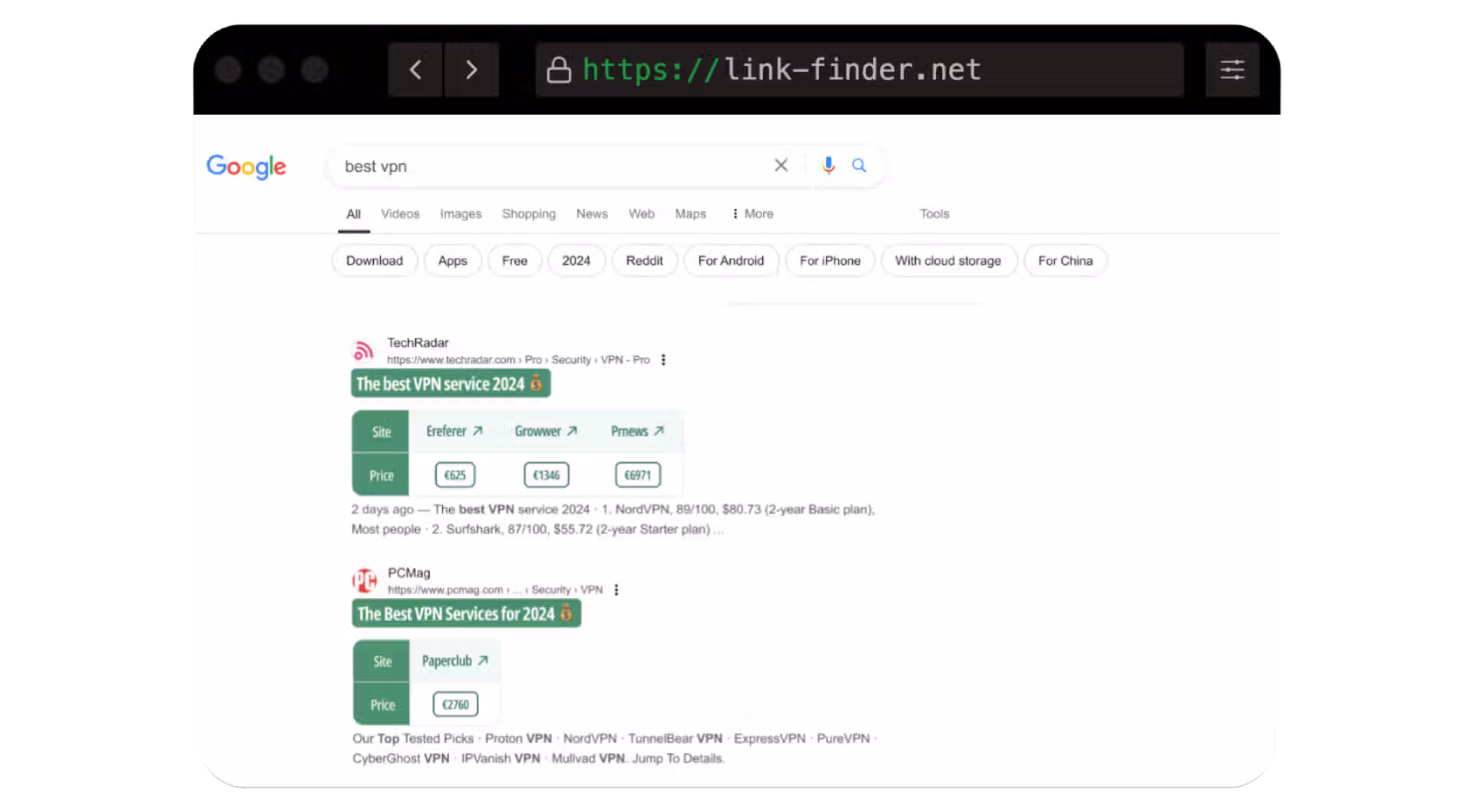 Interface Link Finder montrant les opportunités de liens depuis les résultats Google.