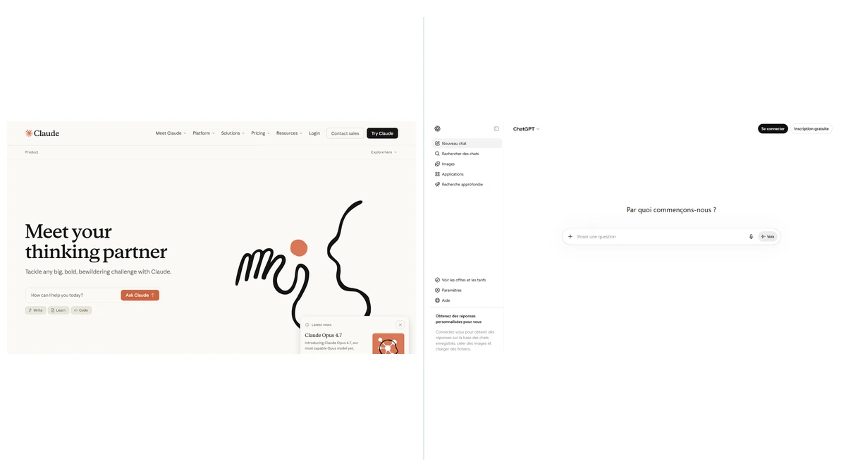Captures officielles de Claude et ChatGPT pour comparer les assistants IA en SEO.