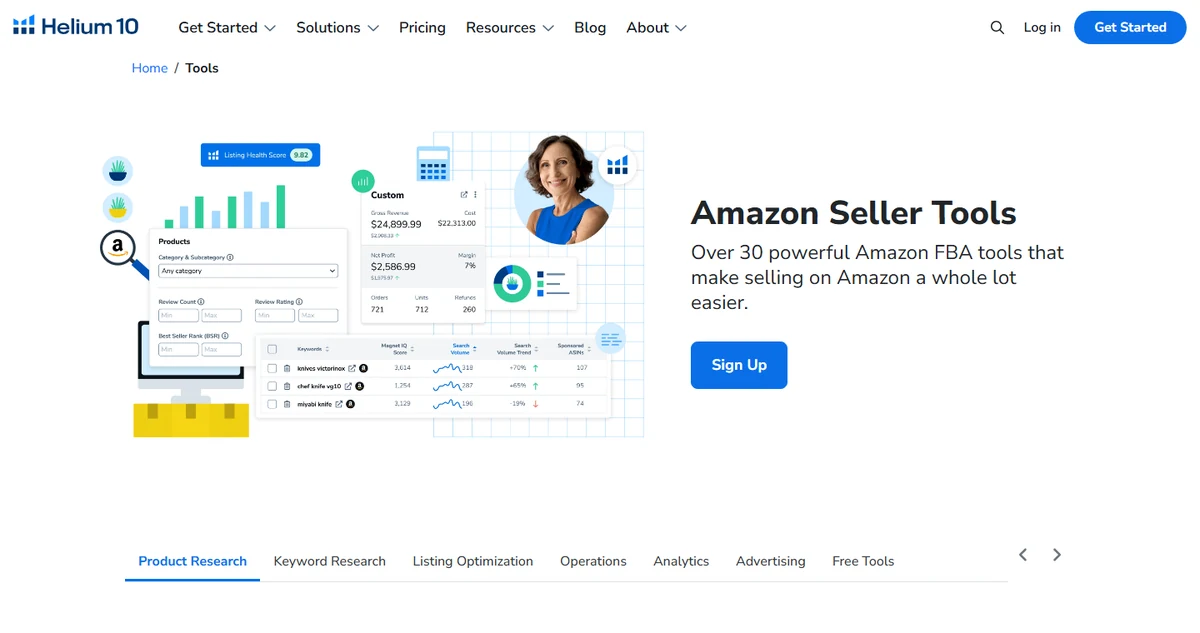 Capture officielle de Helium 10 presentant ses outils pour vendeurs Amazon.