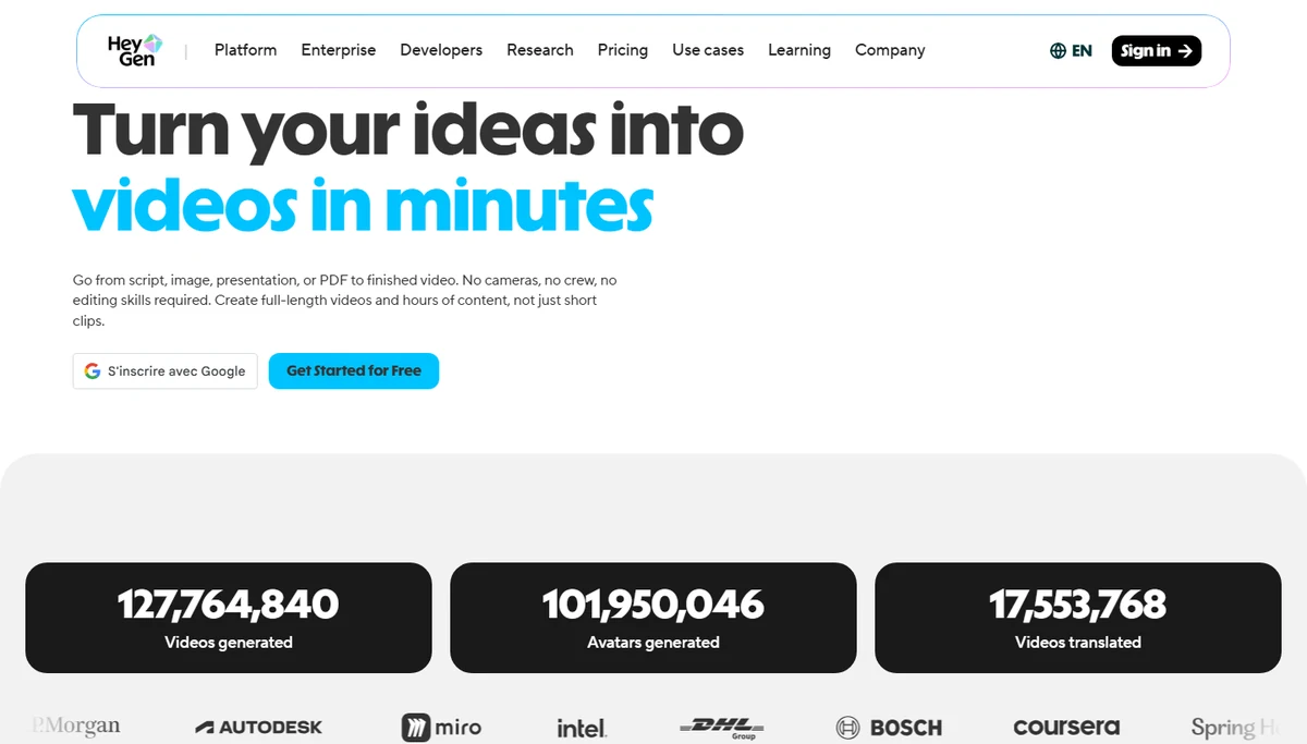 Capture officielle de HeyGen presentant la creation de videos IA.