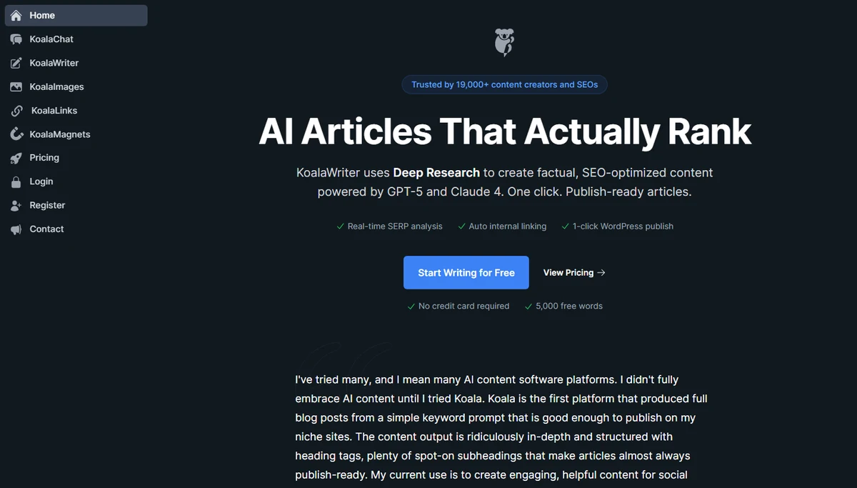 Capture officielle de Koala AI presentant son outil de redaction SEO.