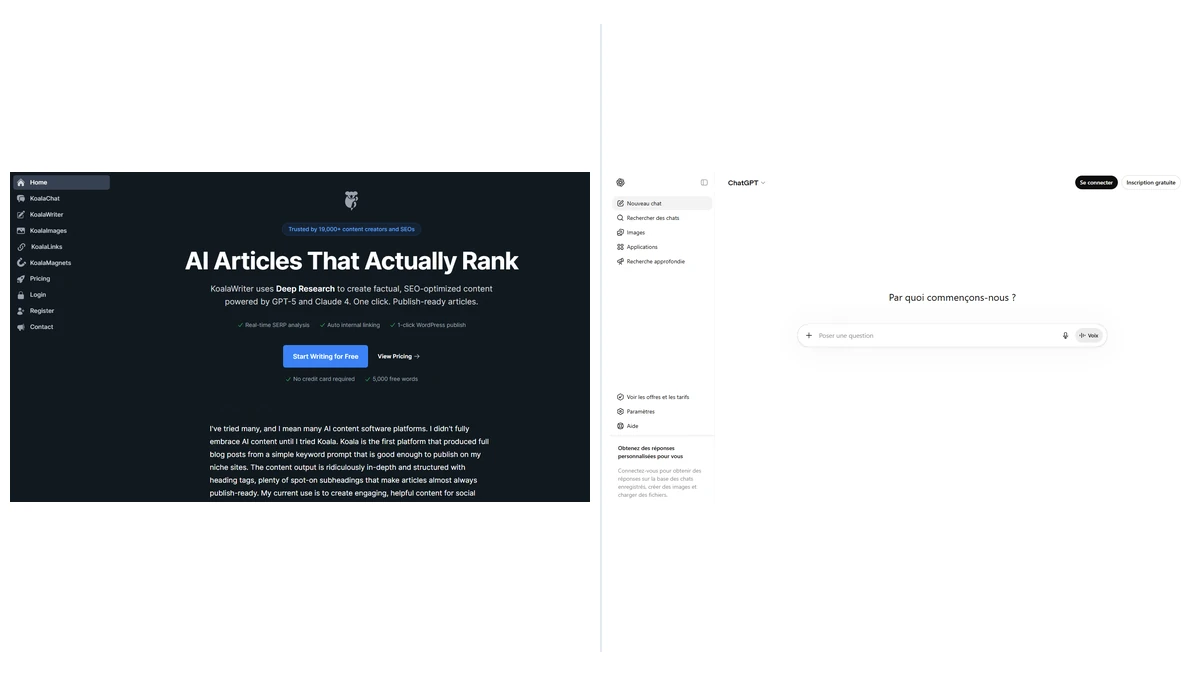 Captures officielles de Koala AI et ChatGPT pour comparer les usages de contenu SEO.