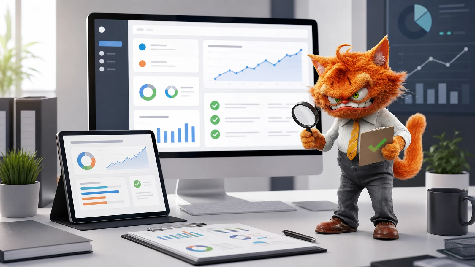 Tableau de bord de reporting SEO en marque blanche avec la mascotte ToolsBoxSEO qui vérifie les rapports avant livraison.