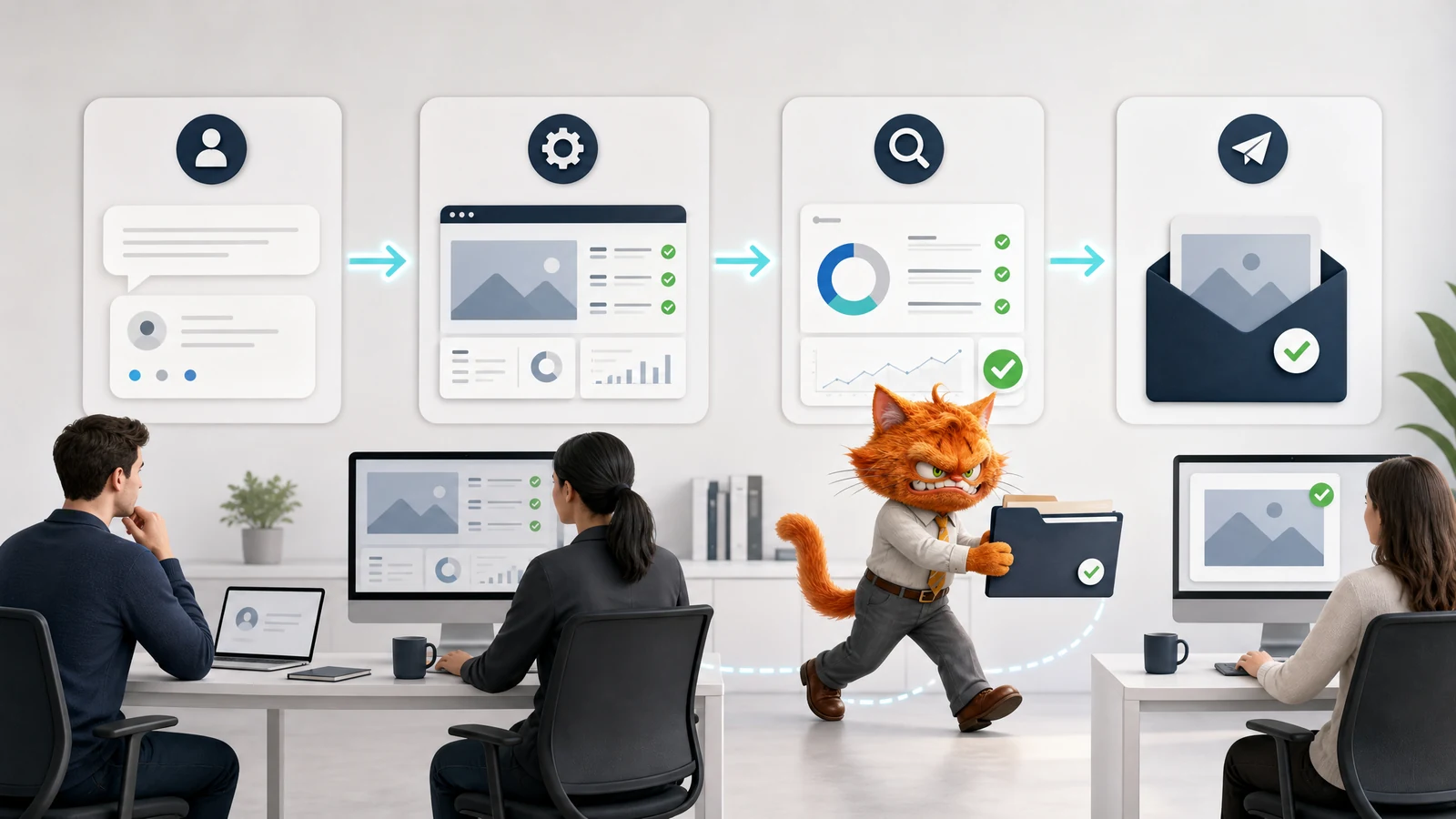 Workflow de marque blanche SEO avec une agence qui contrôle la production, la validation qualité et la livraison client.