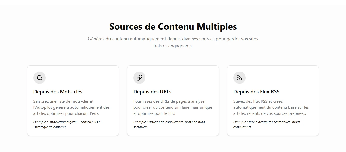 Capture officielle Otomatic.ai en mode clair montrant les sources de contenu Autopilot : mots-clés, URLs et flux RSS.