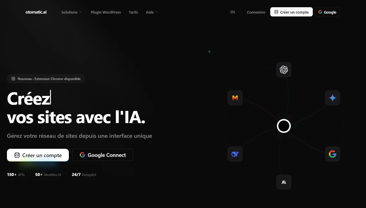 Capture du site officiel Otomatic.ai présentant la promesse de création de sites avec l'IA.