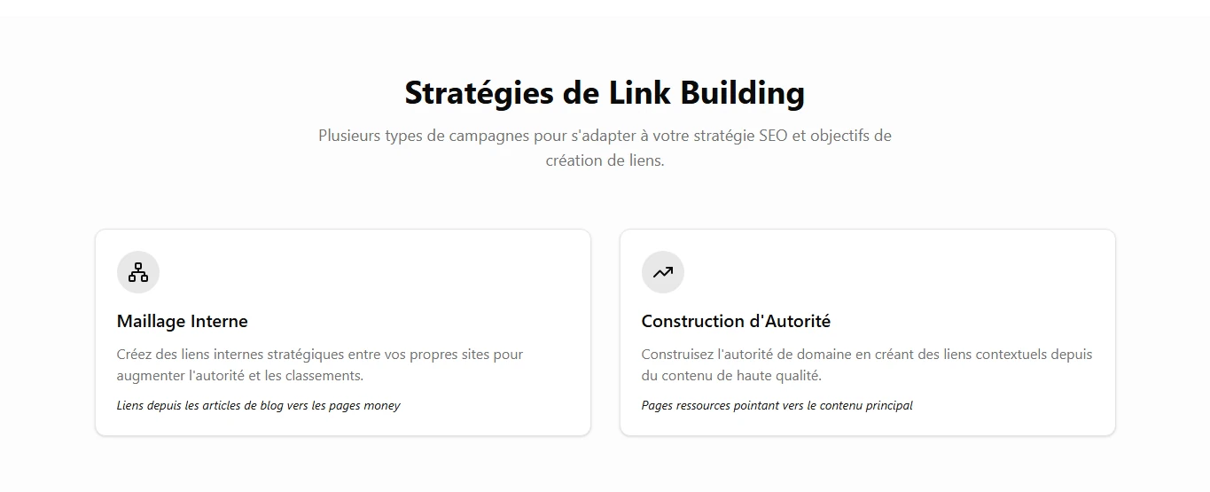 Capture officielle Otomatic.ai en mode clair montrant les stratégies de link building : maillage interne et construction d'autorité.