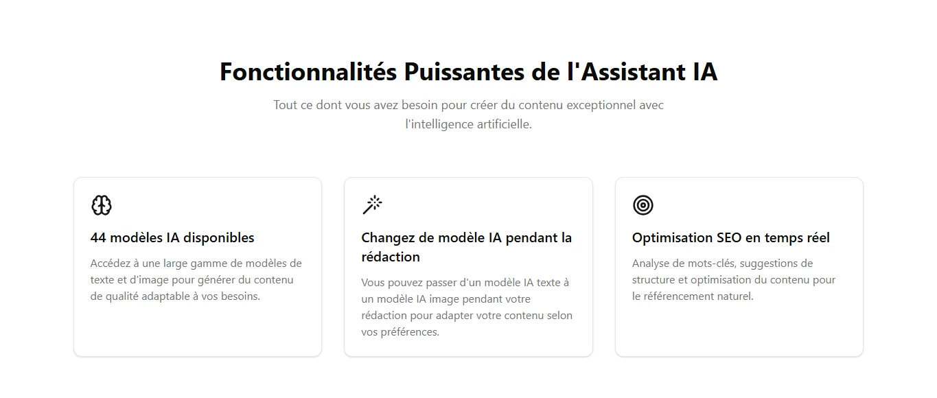 Capture officielle Otomatic.ai en mode clair montrant les fonctionnalités de l'assistant IA : modèles, changement de modèle et optimisation SEO.