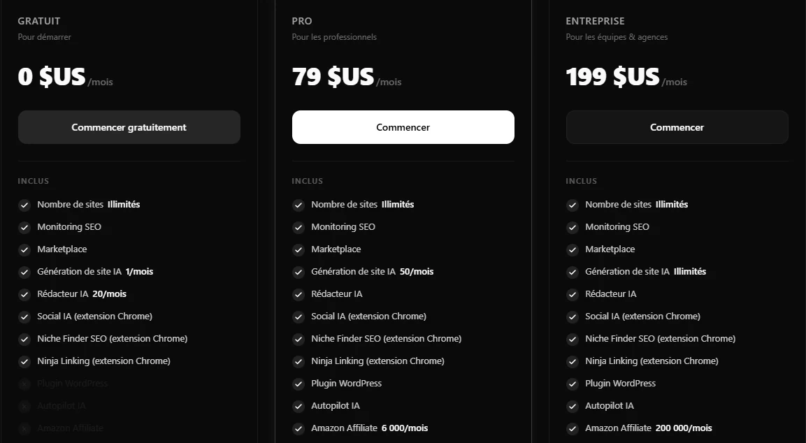 Capture officielle des tarifs Otomatic.ai avec les offres Gratuit, Pro et Entreprise.
