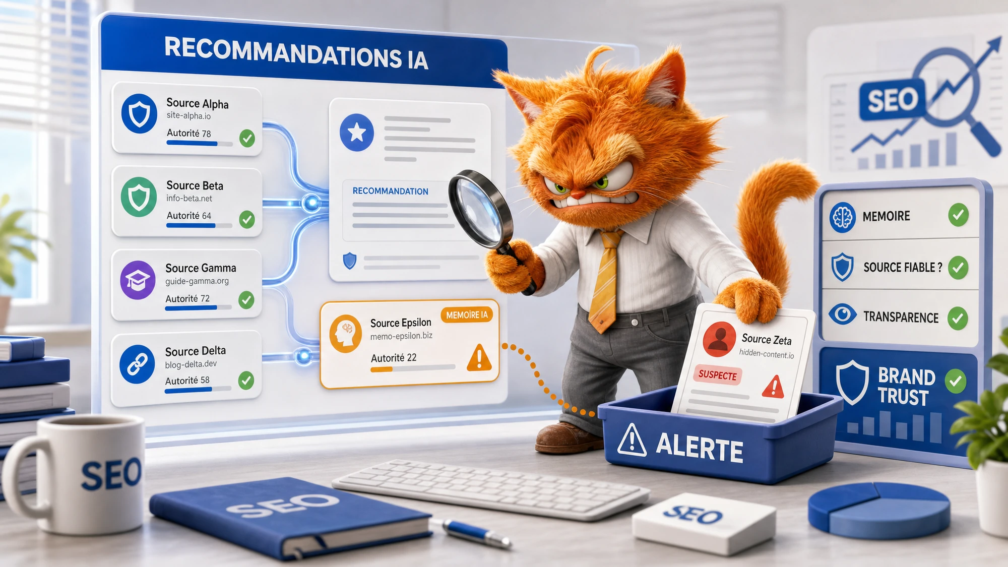 Chat mascotte ToolsBoxSEO contrôlant les recommandations IA, la mémoire et les signaux de confiance d'une marque.