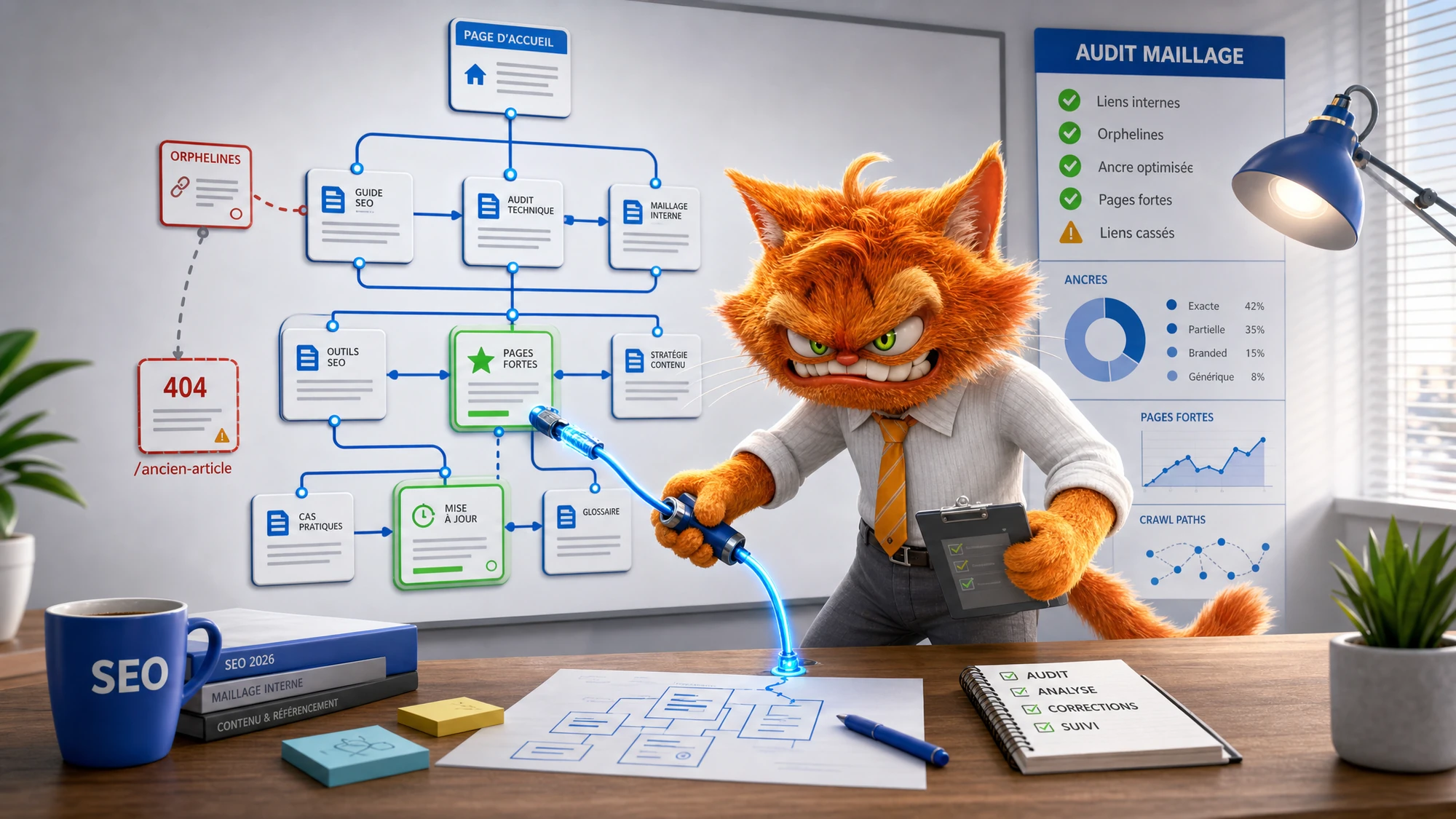 Chat mascotte ToolsBoxSEO reconnectant les liens internes d'un site après une refonte SEO.
