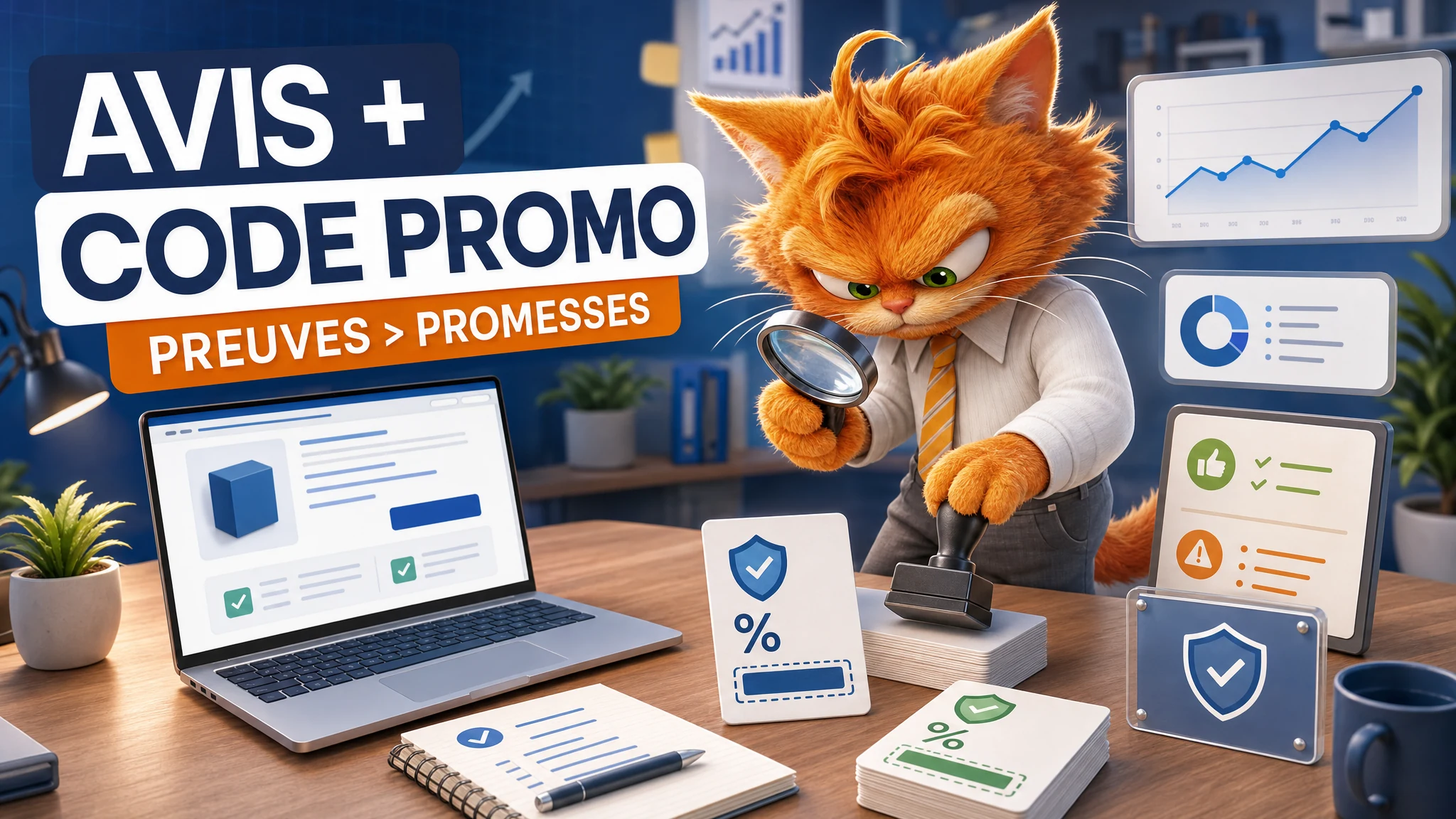 Chat mascotte ToolsBoxSEO vérifiant une page avis et code promo en 2026 avec preuves, prix et transparence.