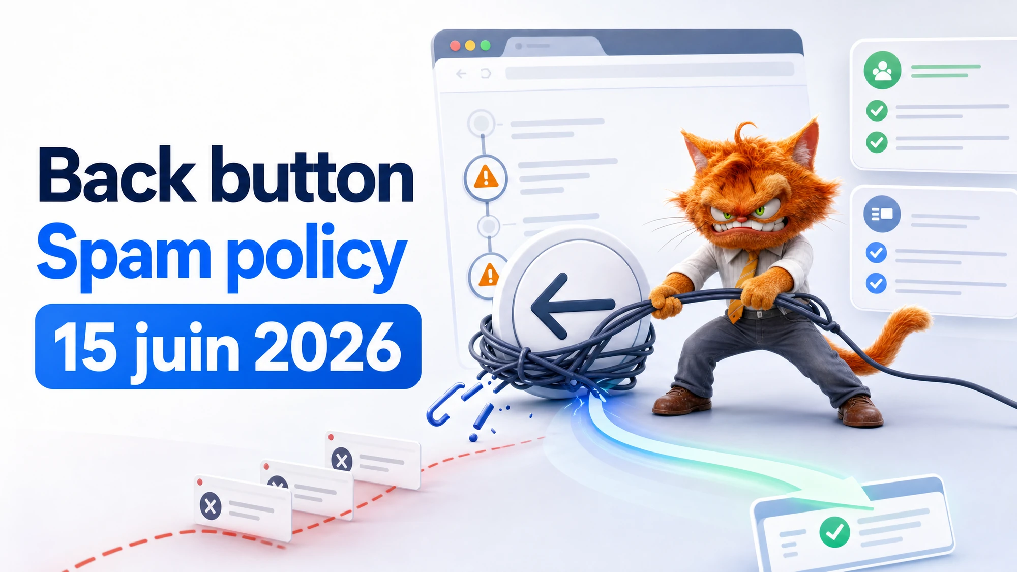 Mascotte ToolsBoxSEO libérant un bouton retour de navigateur bloqué par une pratique de back button hijacking.