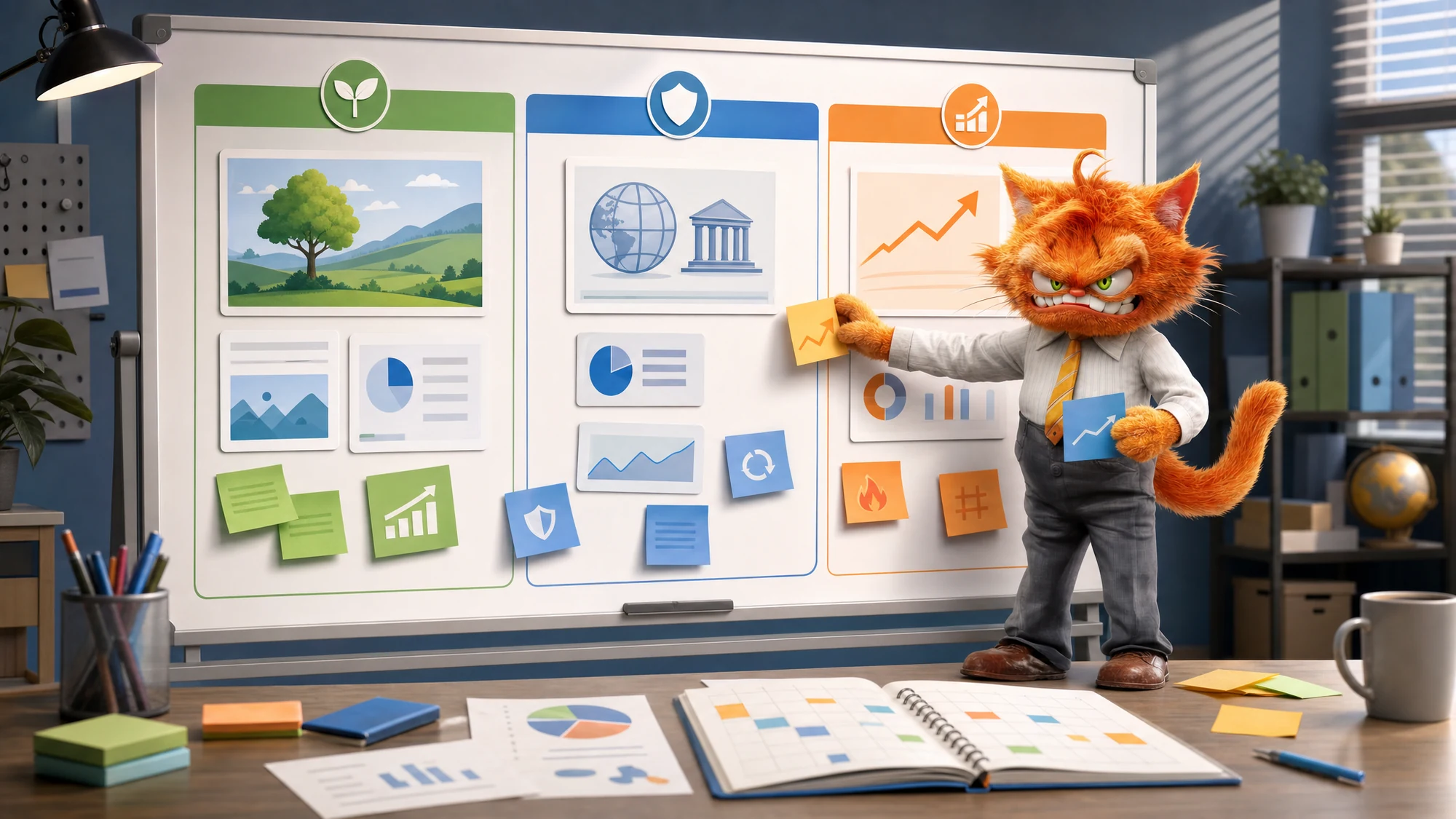 Chat mascotte ToolsBoxSEO triant des cartes evergreen, actualité durable et tendance avant la rédaction d'un article SEO.