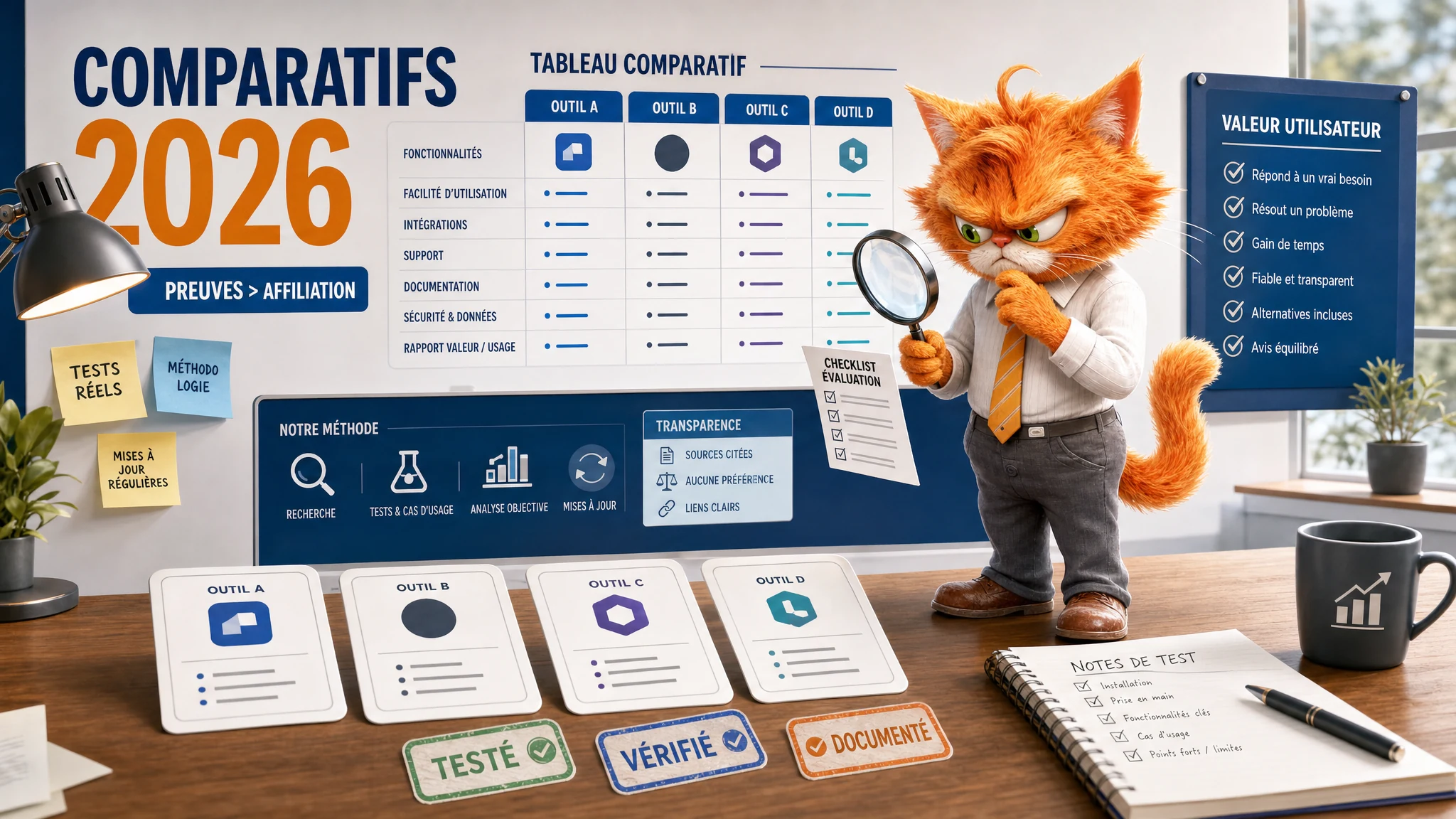 Chat mascotte ToolsBoxSEO vérifiant des comparatifs meilleurs outils en 2026 avec preuves, tests et classement transparent.