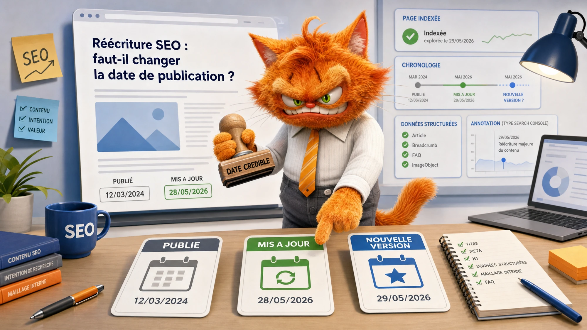 Chat mascotte ToolsBoxSEO comparant la date de publication, la date de mise à jour et une nouvelle version après une refonte SEO.