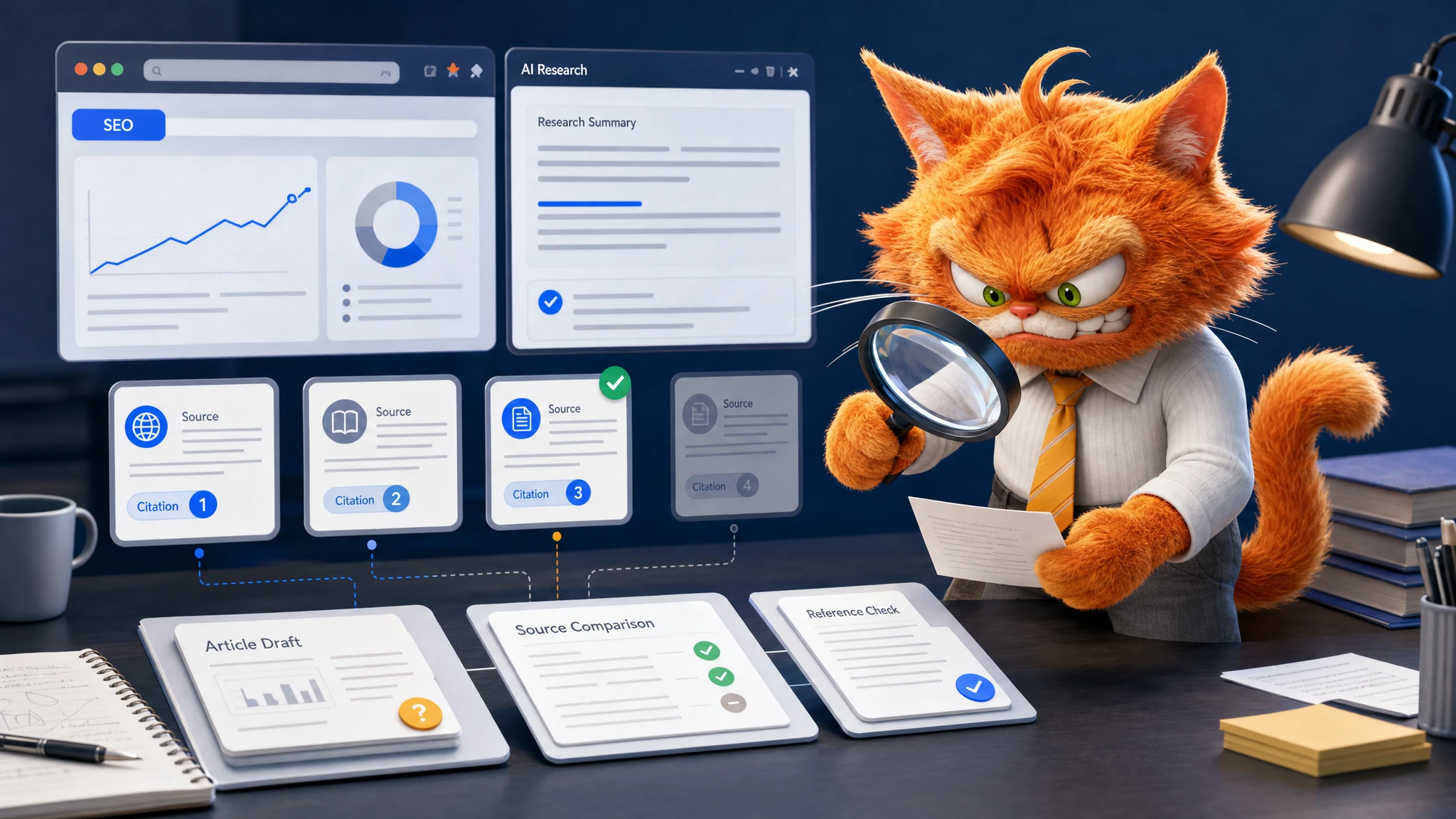 Chat mascotte ToolsBoxSEO vérifiant des citations et des sources SEO avec des outils de recherche IA.