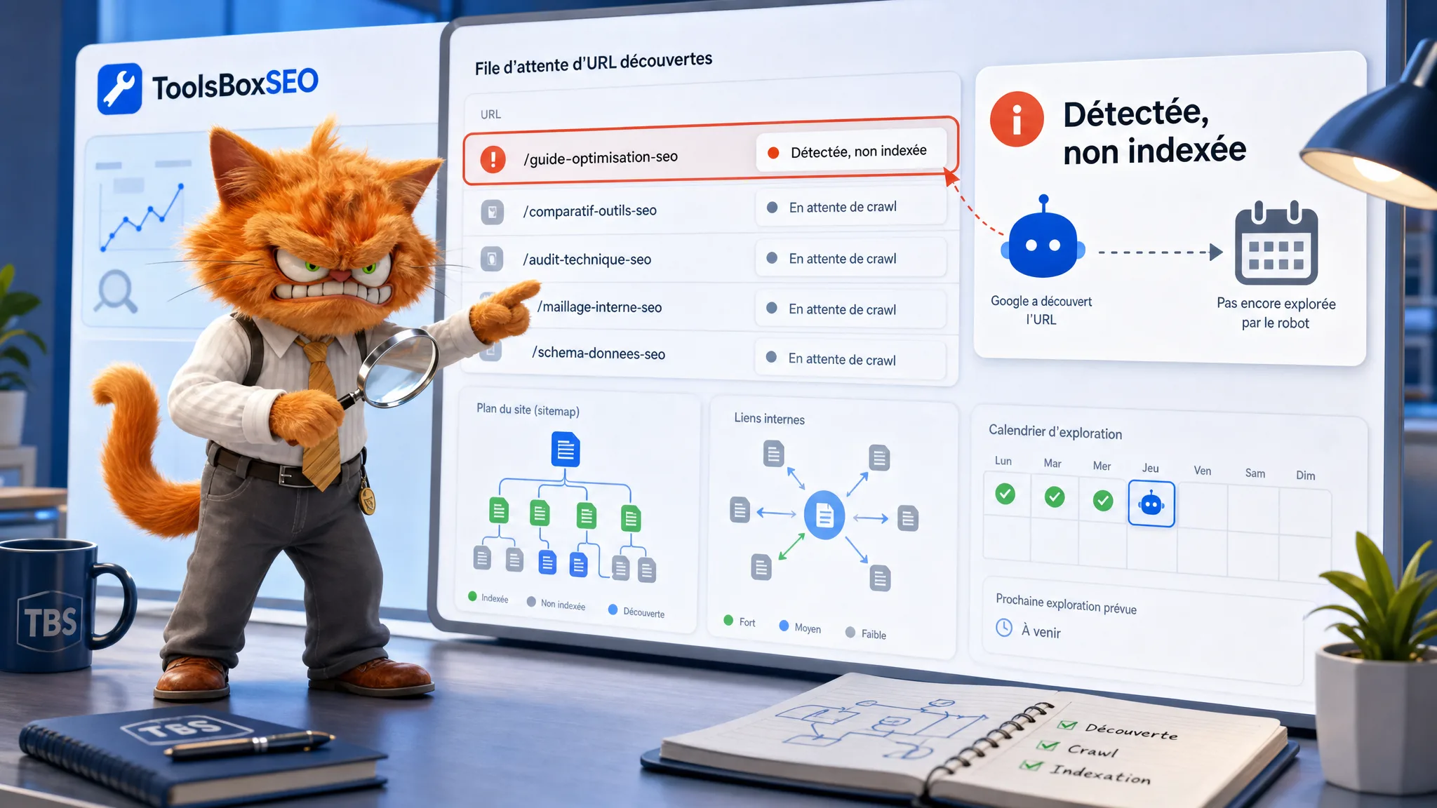 Chat mascotte ToolsBoxSEO analysant une file d'URL détectées mais pas encore explorées dans Search Console.