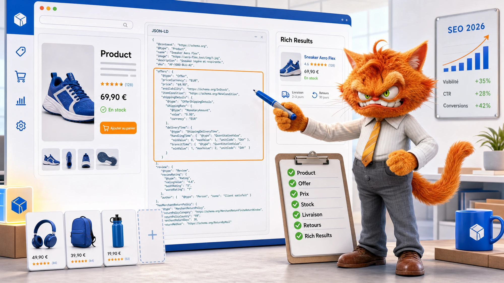 Mascotte ToolsBoxSEO vérifiant des données structurées e-commerce Product, Offer, prix, stock, livraison et retours.