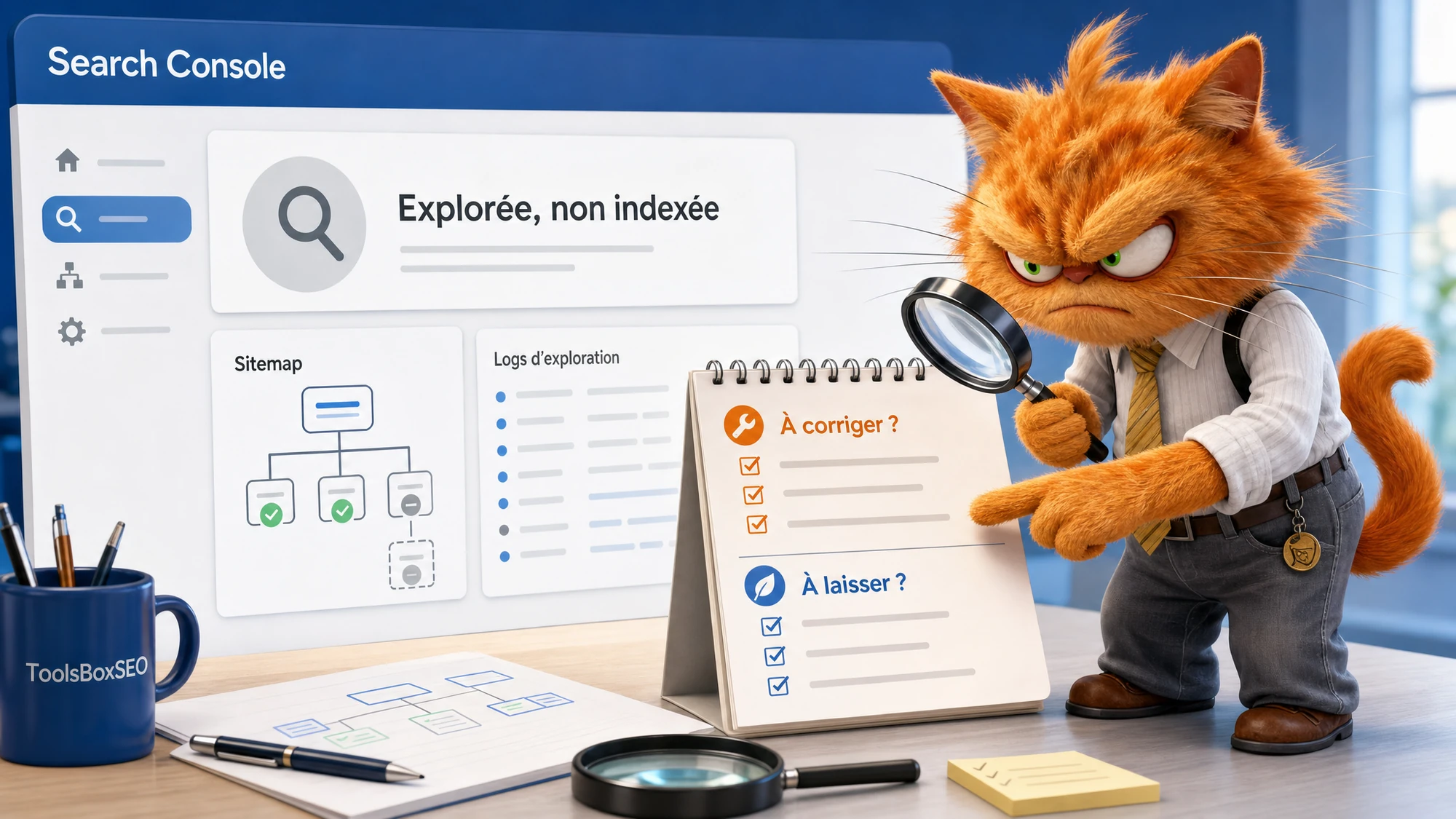 Chat mascotte ToolsBoxSEO analysant le statut Explorée actuellement non indexée dans Search Console avec une checklist SEO.