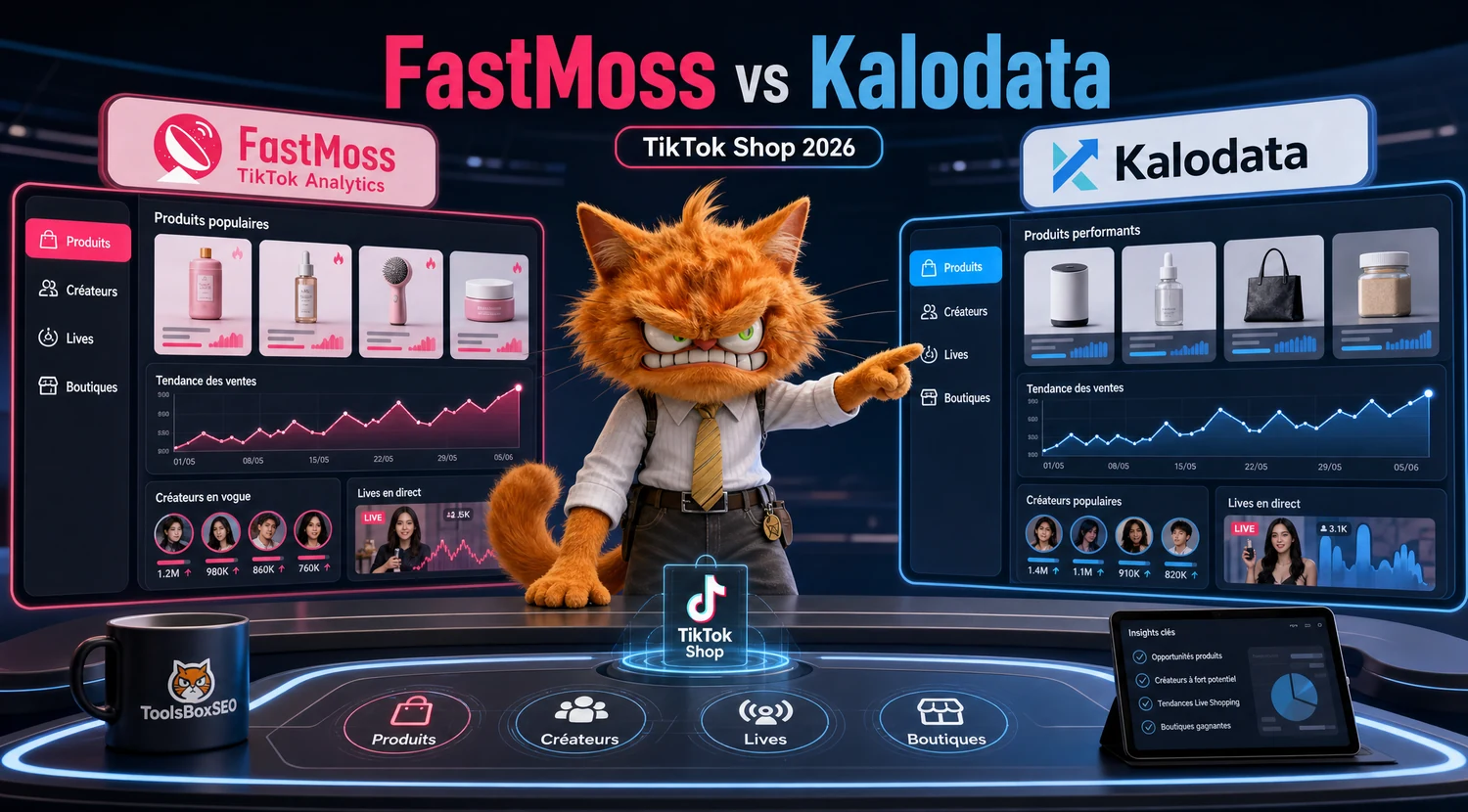 Mascotte chat ToolsBoxSEO comparant FastMoss et Kalodata pour les analytics TikTok Shop 2026.