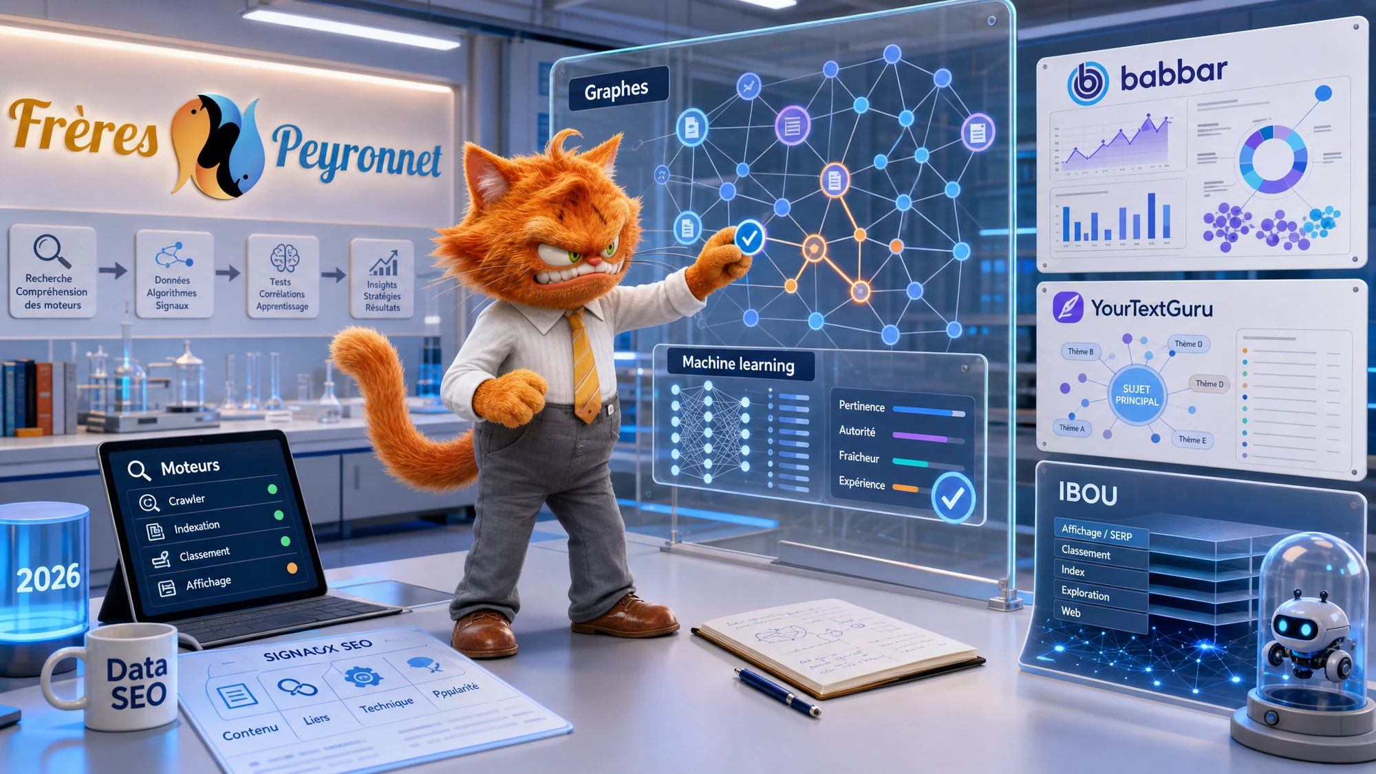 Mascotte ToolsBoxSEO analysant graphes, moteurs de recherche, data SEO et machine learning autour des frères Peyronnet.