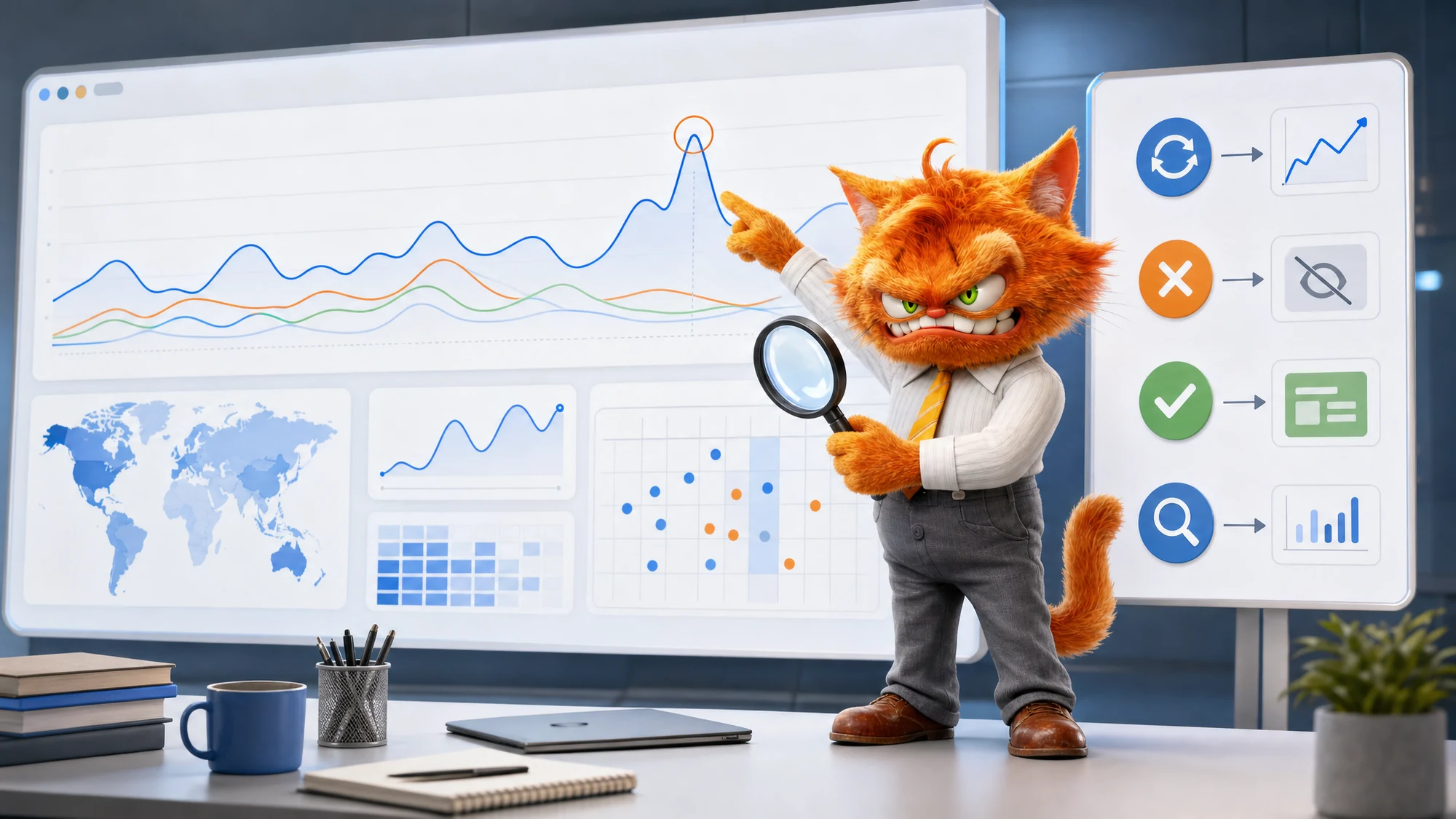 Chat mascotte ToolsBoxSEO analysant un graphique Google Trends pour distinguer signal, bruit et saisonnalité.