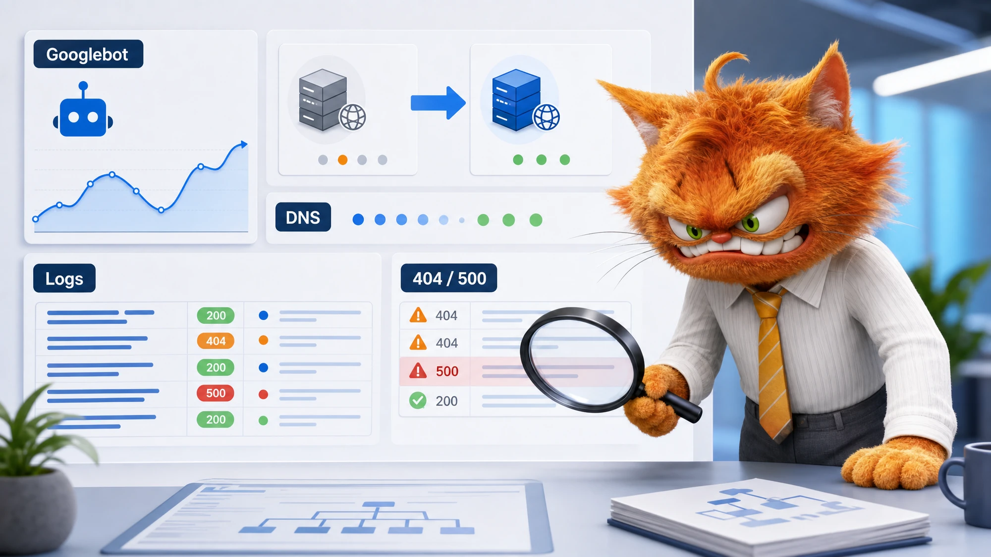 Mascotte ToolsBoxSEO analysant des logs serveur, des erreurs 404 et 500, le DNS et le passage de Googlebot après une migration SEO.