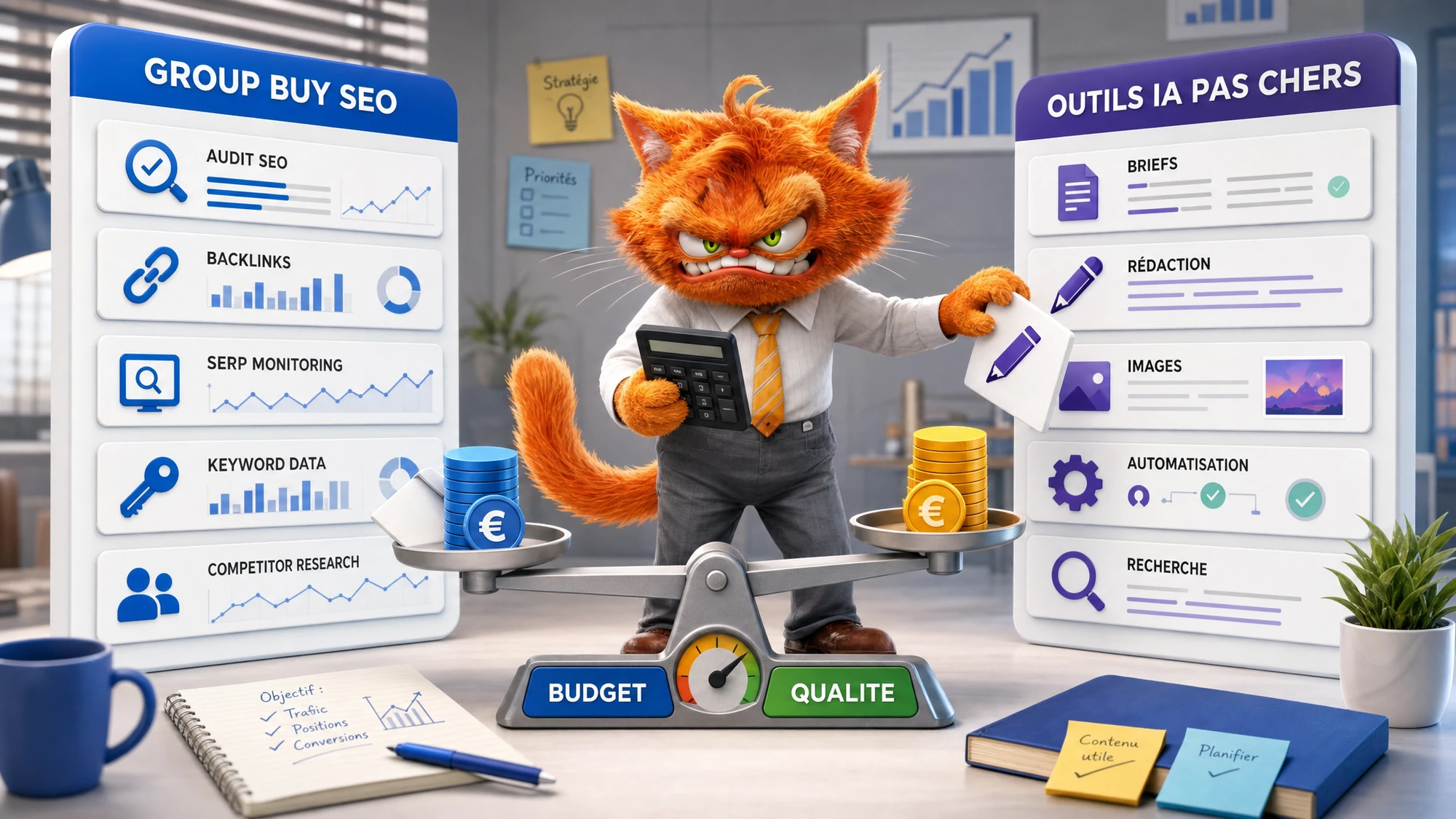 Mascotte chat ToolsBoxSEO comparant une stack group buy SEO et des outils IA pas chers sur une balance budget qualite.
