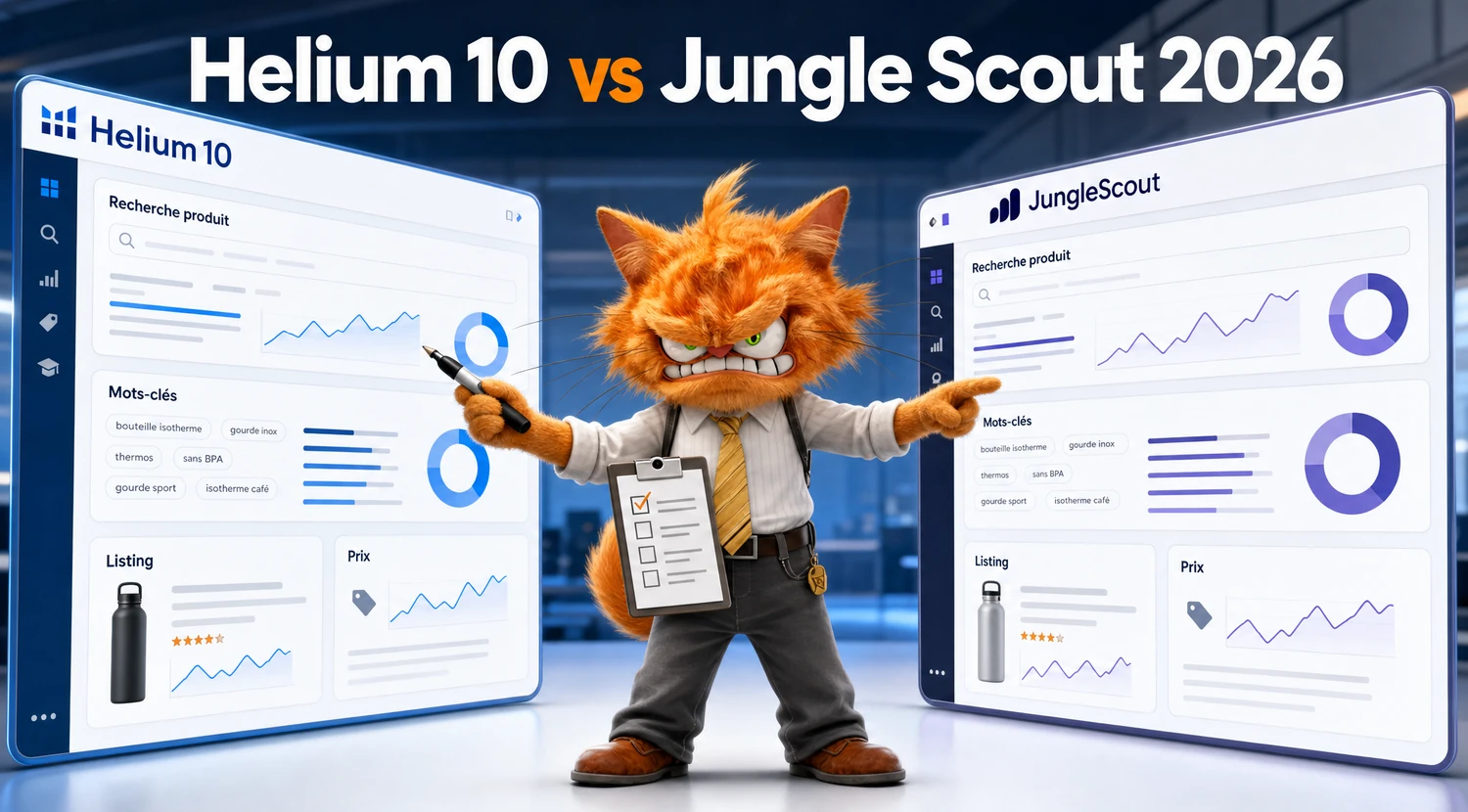Mascotte chat ToolsBoxSEO comparant Helium 10 et Jungle Scout pour Amazon FBA.