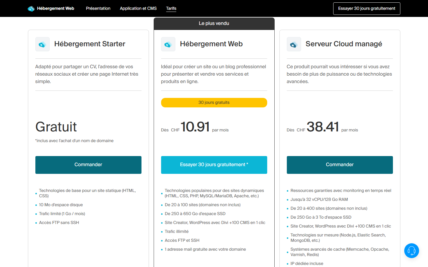 Capture officielle des offres Infomaniak avec Hébergement Starter, Hébergement Web et Serveur Cloud managé en juin 2026.