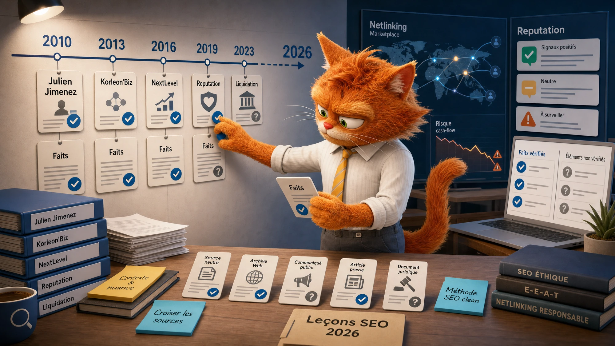Mascotte ToolsBoxSEO classant les faits vérifiés, les éléments non vérifiés et les leçons SEO autour de Julien Jimenez, Korleon'Biz et NextLevel.