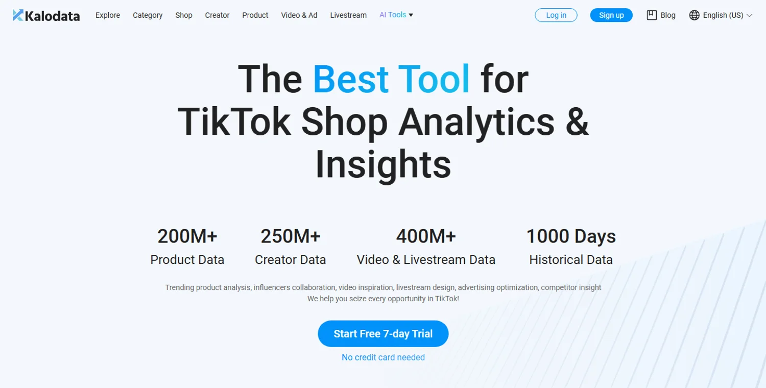 Capture publique du site Kalodata montrant les données produits, créateurs, vidéos et historique TikTok Shop.