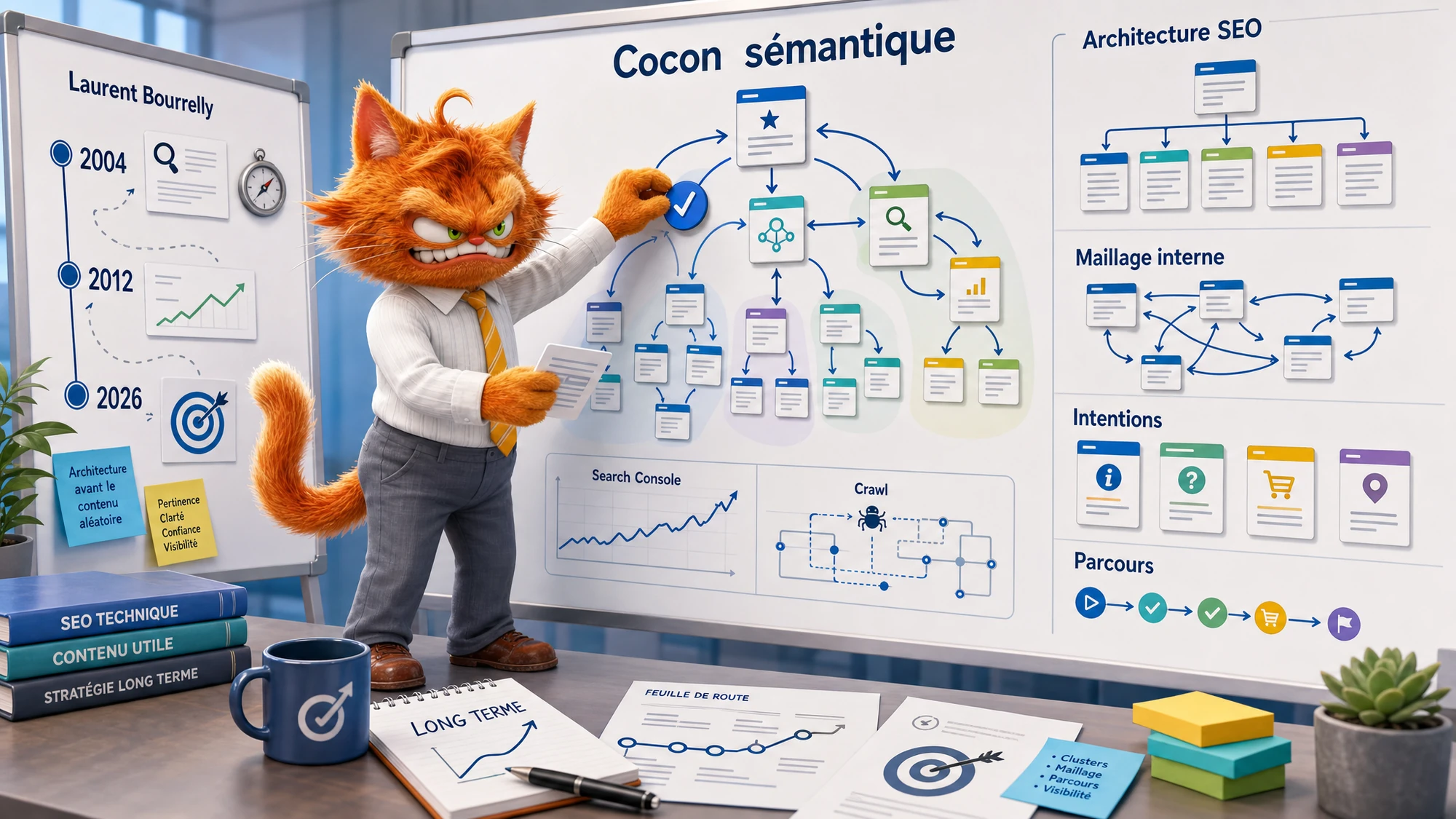 Mascotte ToolsBoxSEO organisant un cocon sémantique, une architecture SEO et un maillage interne inspirés de l’approche Laurent Bourrelly.