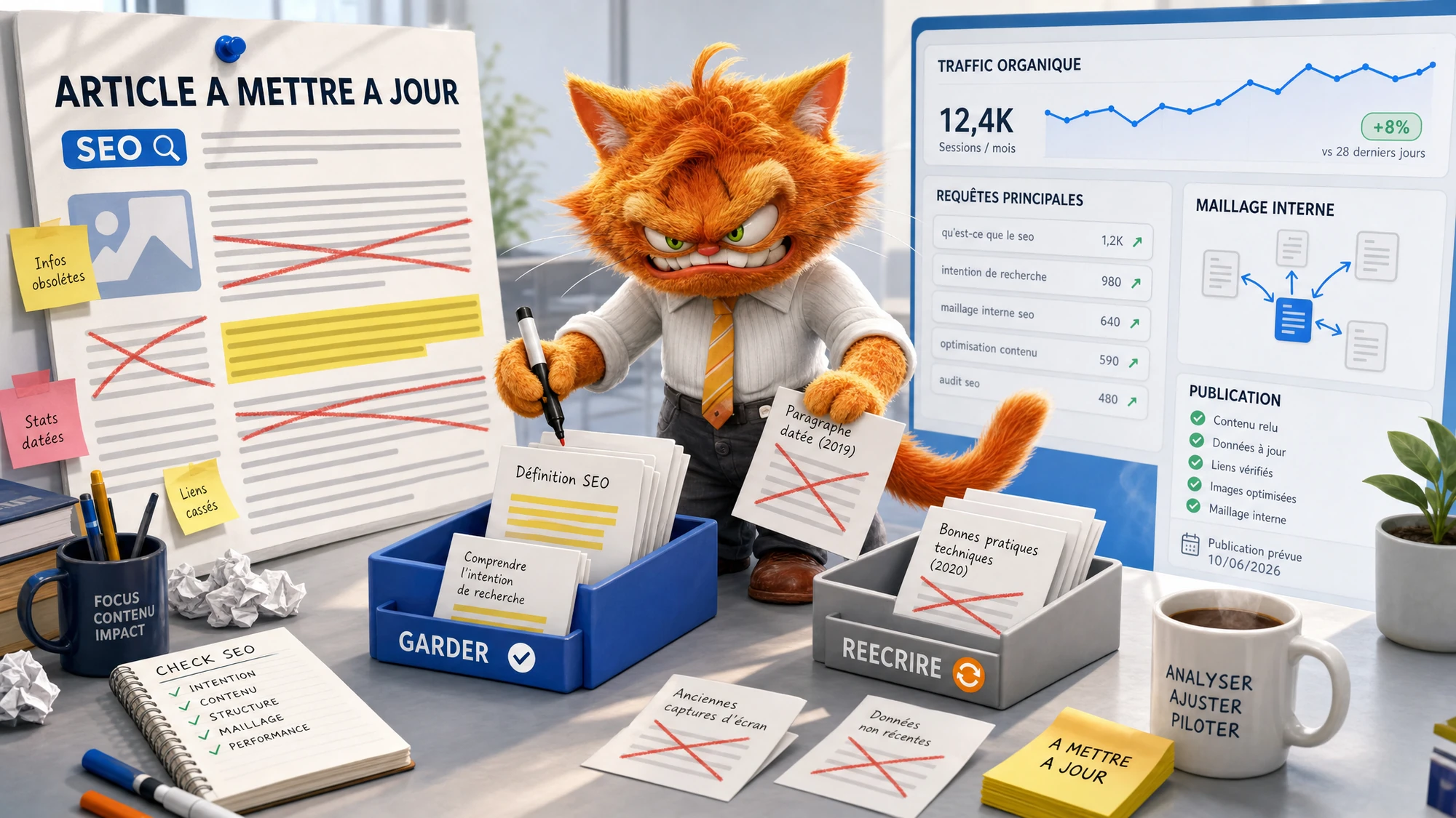 Chat mascotte ToolsBoxSEO triant les sections à garder, réécrire et contrôler pour mettre à jour un vieil article SEO.