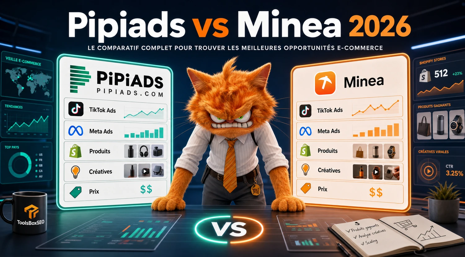 Mascotte chat ToolsBoxSEO comparant Pipiads et Minea pour la veille publicitaire e-commerce.