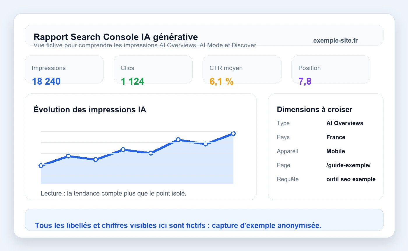 Exemple anonymisé de rapport Search Console IA générative avec données fictives.