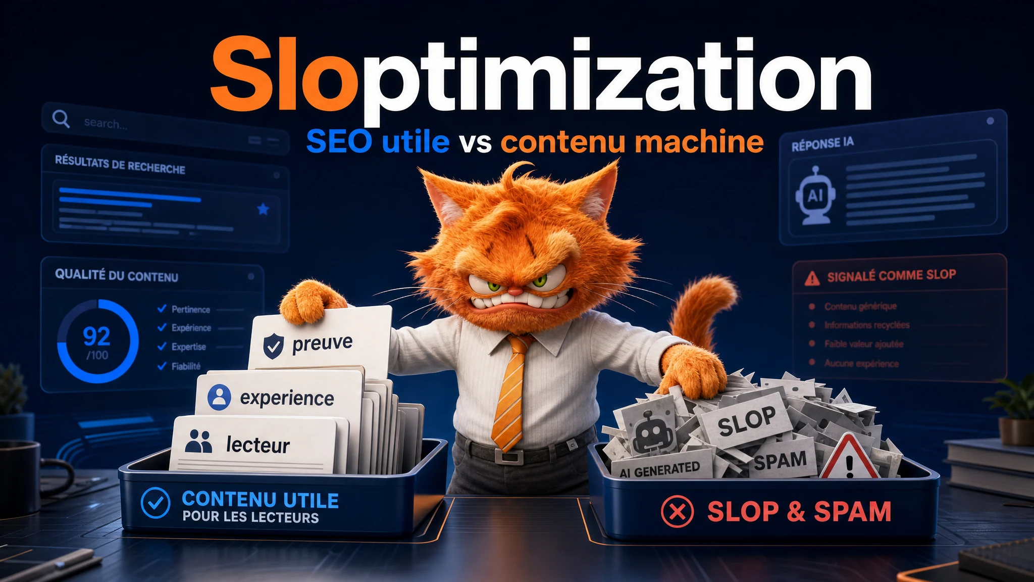 Chat mascotte ToolsBoxSEO triant des contenus utiles et du contenu IA de faible valeur pour illustrer la sloptimization en SEO.