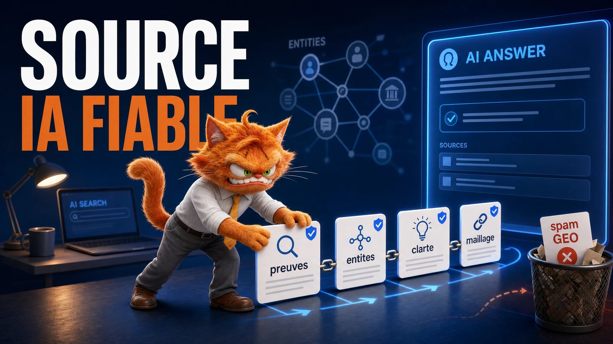 Chat mascotte ToolsBoxSEO organisant des preuves, entités, contenus clairs et liens utiles pour devenir une source fiable citée par les IA.